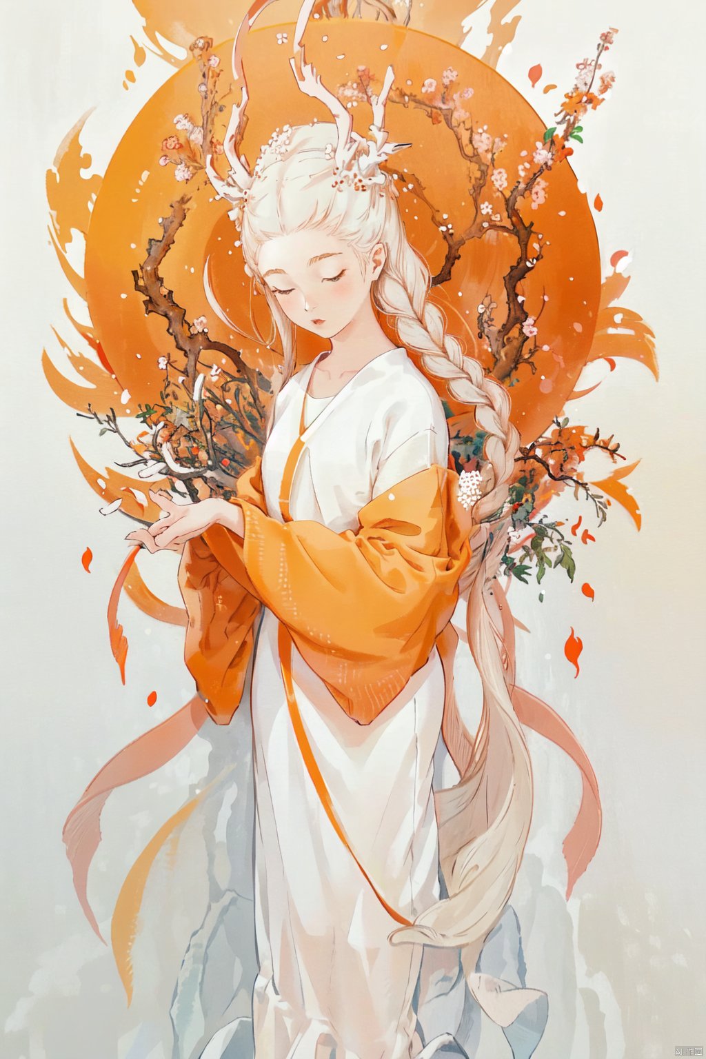 The image is an anime style representation of a beautiful girl in a flowing white and orange dress, surrounded by a vibrant red and orange floral arrangement. The lighting is soft and warm, casting a golden glow on the girl and her surroundings. The colors are vibrant and rich, with the red and orange hues of the flowers and her outfit creating a striking contrast against the white background. The girl appears to be in a state of deep thought, her lips slightly parted as if in mid-conversation. The image is well-composed, with the girl standing in the center of the frame, surrounded by the vibrant red and orange hues of the flowers and her outfit. The background is simple yet effective, with a white wall providing a clean and uncluttered backdrop. The girl's outfit is intricately designed, with flowing sleeves and a delicate floral pattern on her skirt. Her hair is finely detailed, with intricate braids and curls. The flowers around her are similarly detailed, with delicate petals and intricate branching patterns. The image is a beautiful and well-crafted representation of the anime genre, with its vibrant colors, intricate details, and flowing lines creating a sense of movement and energy. The girl's deep thoughtfulness and striking appearance make her a captivating subject, and the soft lighting and close-up composition add a sense of intimacy and connection to the viewer.