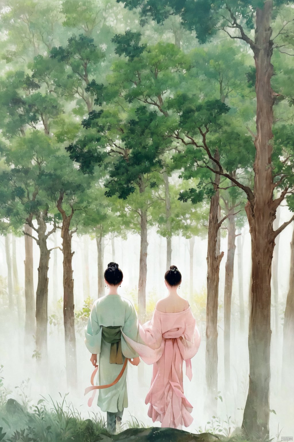 The image is a beautiful depiction of two figures walking through a forest of pink trees. The trees are of varying heights and are scattered throughout the scene, creating a sense of depth and dimension. The pink hues of the leaves give the scene a dreamy, otherworldly quality.

The figure in red is positioned on the left side of the image, walking slightly ahead of the figure in green. Both individuals appear to be engaged in their surroundings, with their postures suggesting a sense of curiosity or exploration.

The contrast between the bold, primary colors of the figures and the more muted, secondary hues of the trees creates a striking visual effect. The use of limited color palette also adds to the overall sense of tranquility and peacefulness of the scene.

The quality of the image is excellent, with sharp details and a high level of clarity. The intricate patterns on the leaves and the fine texture of the trees are captured beautifully, adding depth and dimension to the scene.

Overall, this image is a stunning example of the photographer's skill and talent, with a perfect balance of technical expertise and artistic vision.