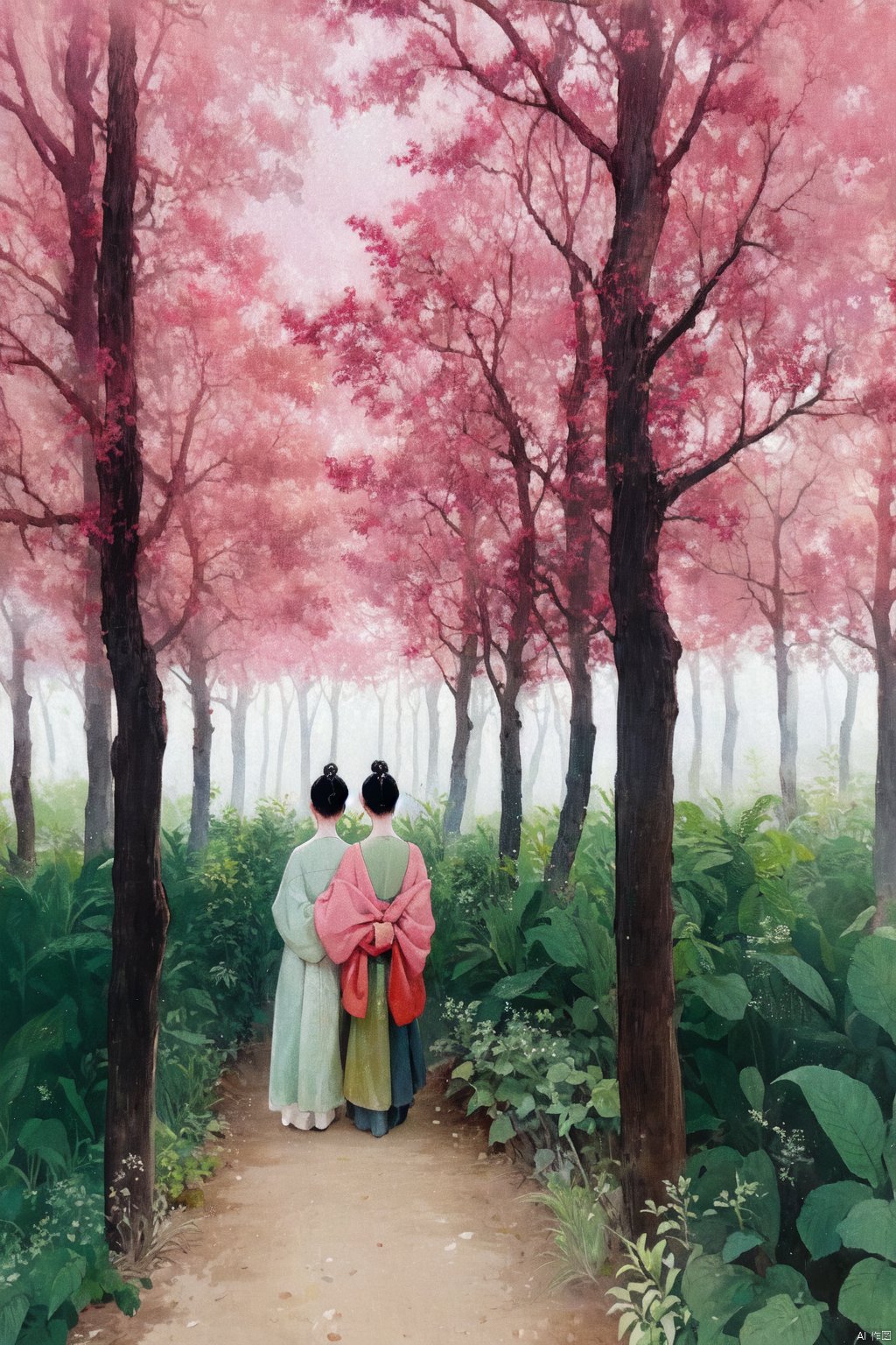 The image is a beautiful depiction of two figures walking through a forest of pink trees. The trees are of varying heights and are scattered throughout the scene, creating a sense of depth and dimension. The pink hues of the leaves give the scene a dreamy, otherworldly quality.

The figure in red is positioned on the left side of the image, walking slightly ahead of the figure in green. Both individuals appear to be engaged in their surroundings, with their postures suggesting a sense of curiosity or exploration.

The contrast between the bold, primary colors of the figures and the more muted, secondary hues of the trees creates a striking visual effect. The use of limited color palette also adds to the overall sense of tranquility and peacefulness of the scene.

The quality of the image is excellent, with sharp details and a high level of clarity. The intricate patterns on the leaves and the fine texture of the trees are captured beautifully, adding depth and dimension to the scene.

Overall, this image is a stunning example of the photographer's skill and talent, with a perfect balance of technical expertise and artistic vision.