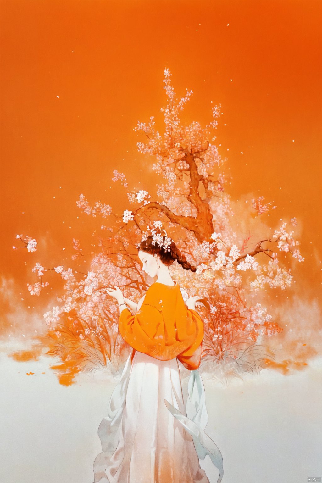 The image is an anime style representation of a beautiful girl in a flowing white and orange dress, surrounded by a vibrant red and orange floral arrangement. The lighting is soft and warm, casting a golden glow on the girl and her surroundings. The colors are vibrant and rich, with the red and orange hues of the flowers and her outfit creating a striking contrast against the white background. The girl appears to be in a state of deep thought, her lips slightly parted as if in mid-conversation. The image is well-composed, with the girl standing in the center of the frame, surrounded by the vibrant red and orange hues of the flowers and her outfit. The background is simple yet effective, with a white wall providing a clean and uncluttered backdrop. The girl's outfit is intricately designed, with flowing sleeves and a delicate floral pattern on her skirt. Her hair is finely detailed, with intricate braids and curls. The flowers around her are similarly detailed, with delicate petals and intricate branching patterns. The image is a beautiful and well-crafted representation of the anime genre, with its vibrant colors, intricate details, and flowing lines creating a sense of movement and energy. The girl's deep thoughtfulness and striking appearance make her a captivating subject, and the soft lighting and close-up composition add a sense of intimacy and connection to the viewer.