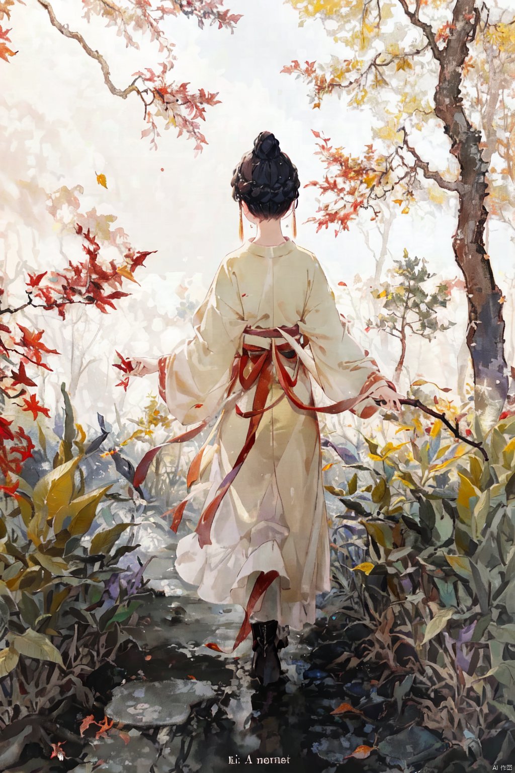  chinese_clothes,1girl, solo, looking at viewer, sitting,boots,brown_hair,purple_eyes,glasses,short_hair,curly hair,full body,cowboy_shot, ((autumn, outdoors, day, forest, falling leaves, bird, leaf)), (fog, dyntall effect), (wide shot, panorama, full body, depth of field),(movie poster,english text),(Flagstone road,branches), cloak, autumn yellow leaves