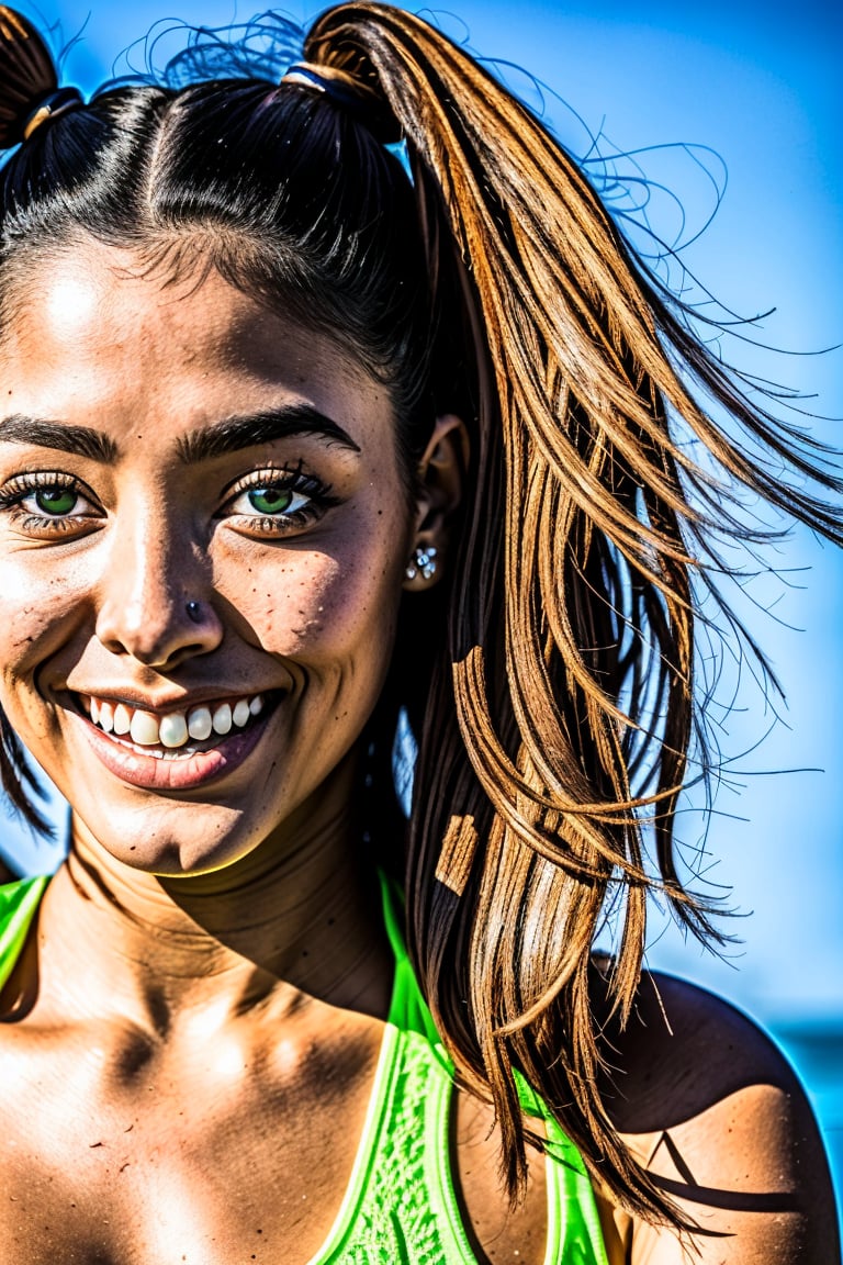 A close-up of a breathtaking teen elf girl. Raven-black hair tied in pigtails over her front shoulders.Low spaghetti strap crop top. Bright green eyes peering into the depths of the camera.lovely sunset at the beach. Freckles on her cheeks. Smiling joyously. Particle lights. Photo taken with a Canon EOS R5 camera photographer. Centered view. Facing the camera. 8K.

