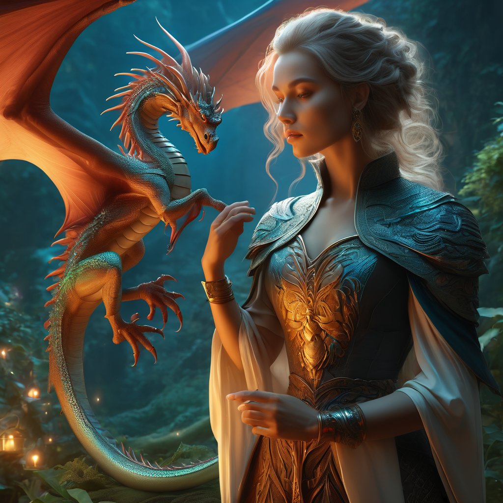 fantasy, woman and a tiny realistic dragon, digital illustration, UHD, a complex and intricate masterpiece clean and sharp,PetDragon2024xl