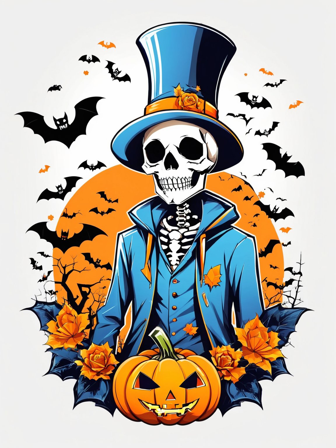 AiArtV,t-shirt design, 1boy,hat,jacket,upper body,flower,male focus,hood,blue jacket,halloween,top hat,hat flower,jack-o'-lantern,pumpkin,bat (animal),skeleton,white background,vector illustration