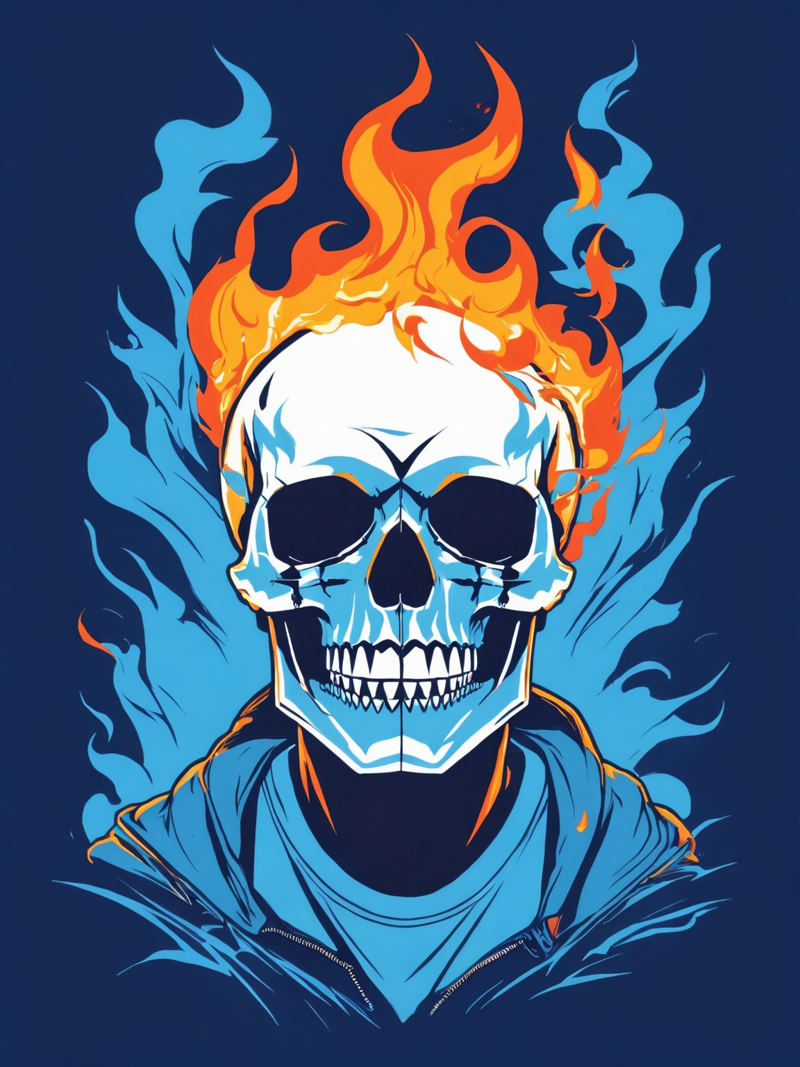 AiArtV,t-shirt design, simple background,1boy,male focus,teeth,blue background,fire,skull,burning