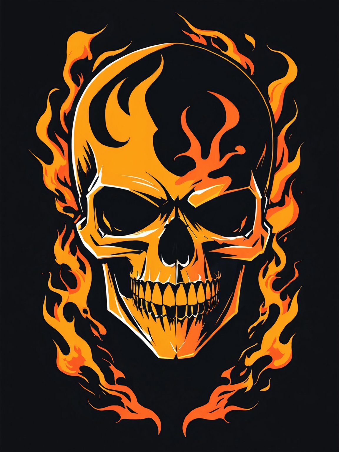 AiArtV,t-shirt design, simple background,1boy,male focus,teeth,black background,fire,skull,burning, vector illustration