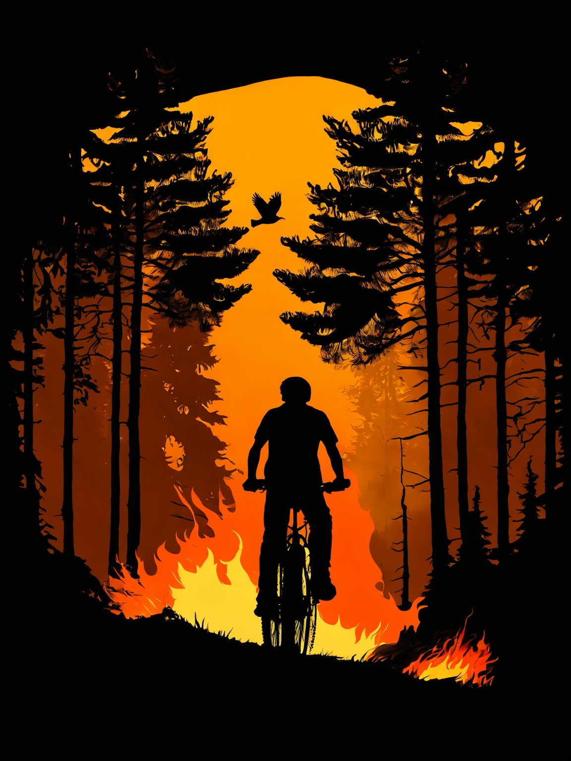AiArtV, t-shirt design, 1boy, outdoors, from behind, tree, bird, fire, ground vehicle, nature, forest, flying, silhouette, bicycle
