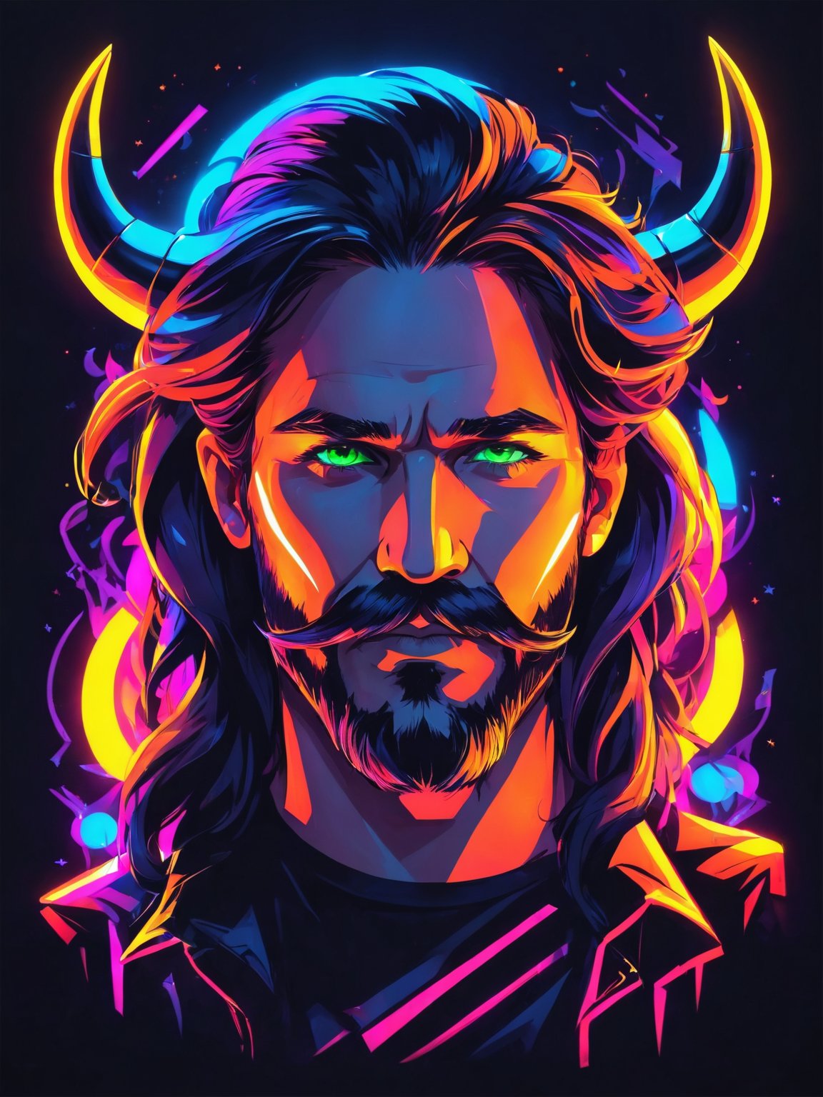 AiArtV,t-shirt design, long hair,looking at viewer,1boy,closed mouth,green eyes,male focus,horns,facial hair,neon fire,neon glow, neon lighting,black background,portrait,beard,mustache,fake horns,black background,vector illustration