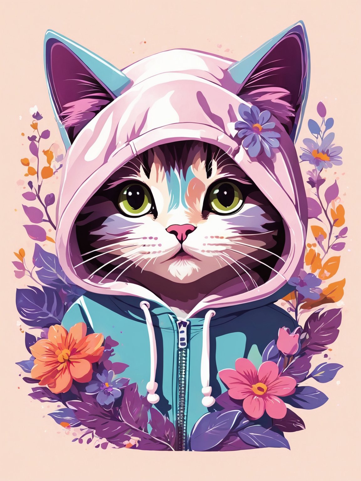 AiArtV, t-shirt design, looking at viewer, closed mouth, purple eyes, upper body, flower, hood, hoodie, headband, cat, animal focus, whiskers, vector illustration