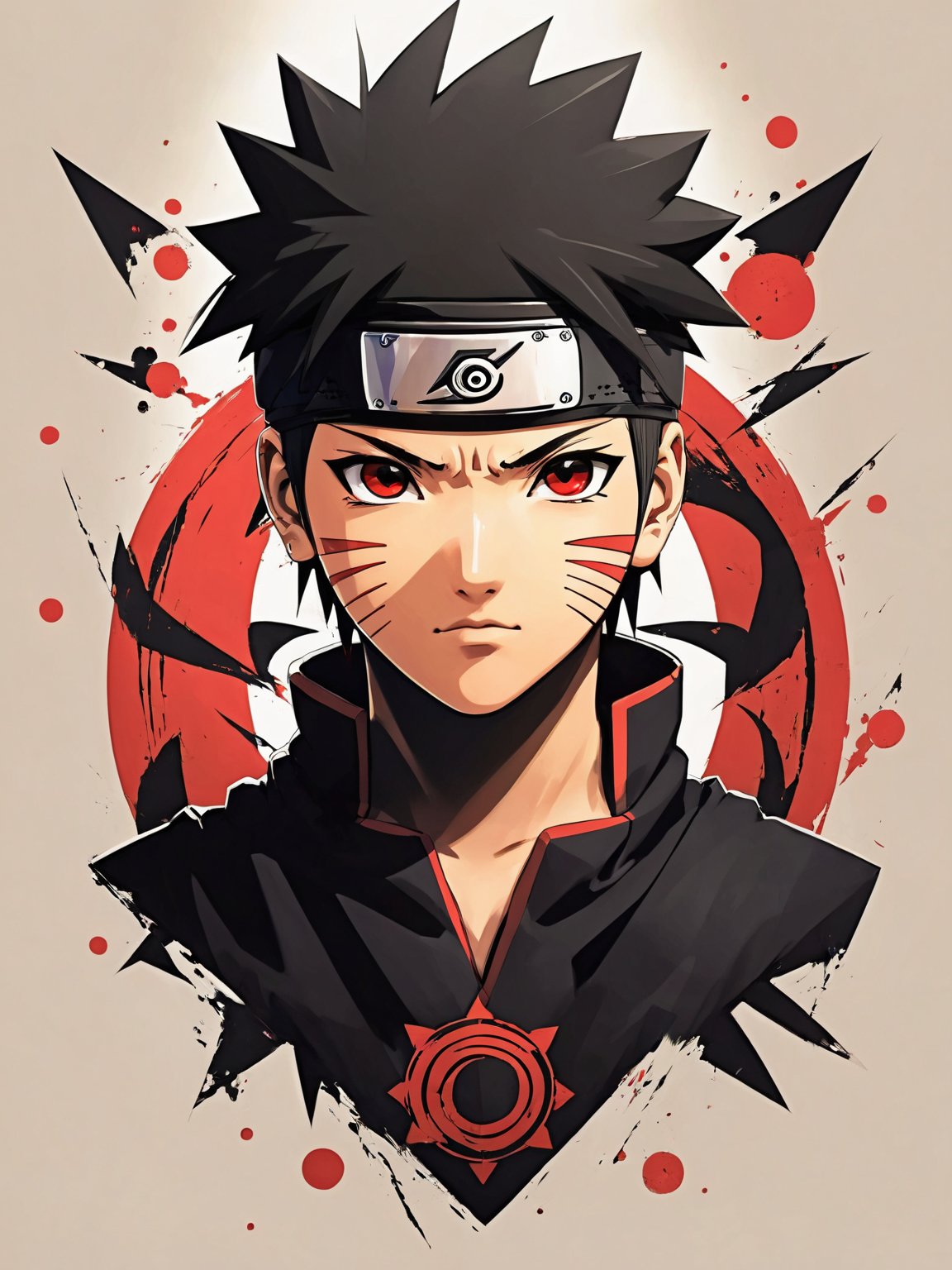 AiArtV,t-shirt design, looking at viewer,short hair,black hair,red eyes,1boy,closed mouth,male focus,v-shaped eyebrows,headband,facial mark,spiked hair,portrait,serious,ninja,forehead protector,konohagakure symbol,uzumaki naruto