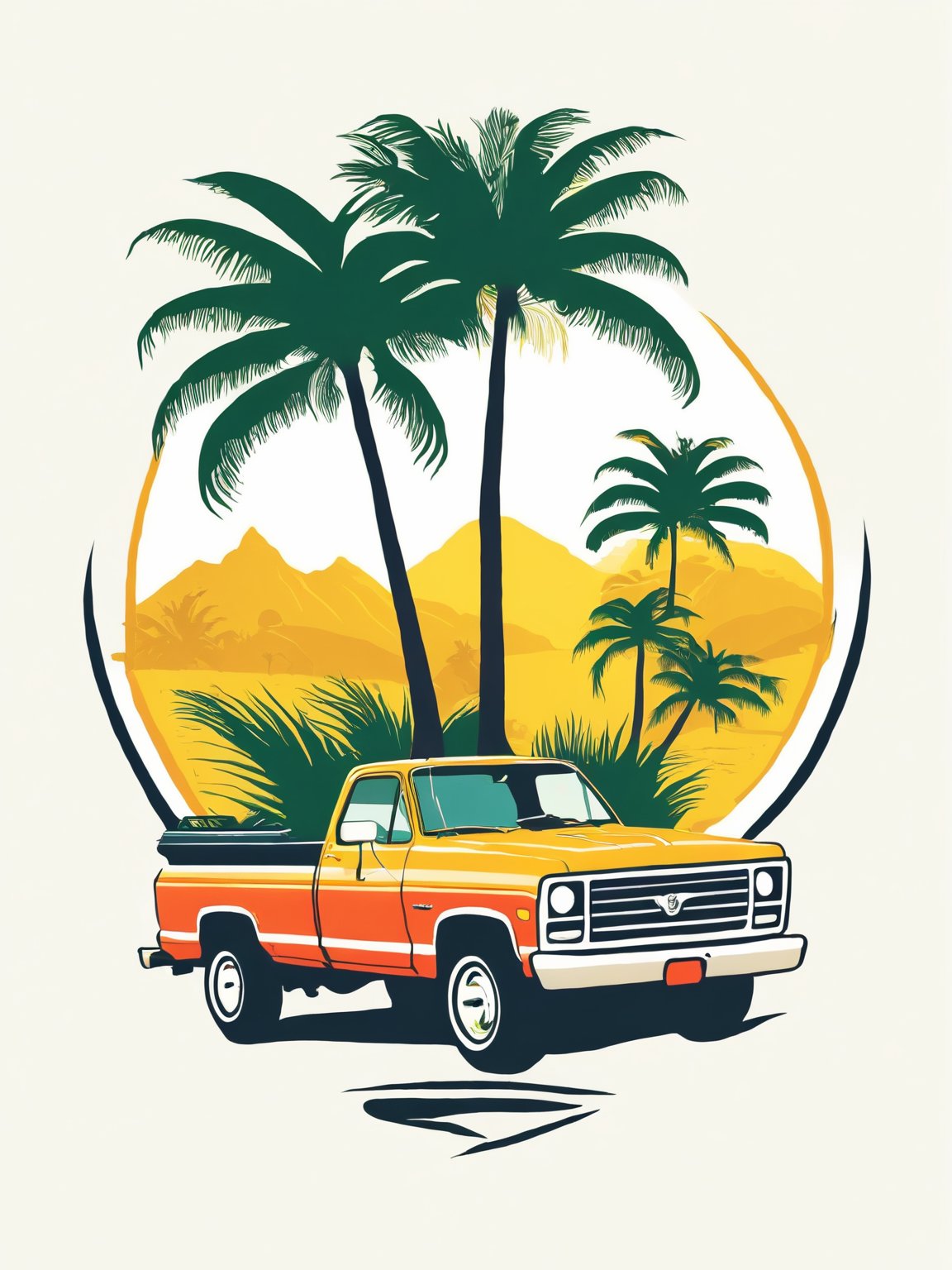 AiArtV,t-shirt design, outdoors,tree,ground vehicle,motor vehicle,palm tree,car,vehicle focus,truck,white background,vector illustration