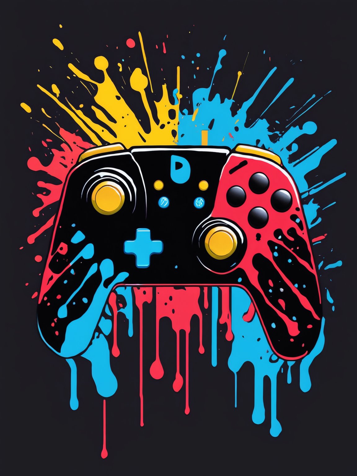 AiArtV,t-shirt design, simple background,black background,controller,dripping,handheld game console,game controller,nintendo switch,paint splatter,liquid,game boy
