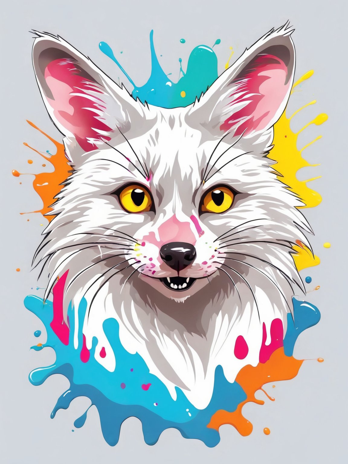 AiArtV,t-shirt design, looking at viewer,simple background,white background,yellow eyes,teeth,grey background,animal,animal focus,whiskers,colorful,paint splatter,paint