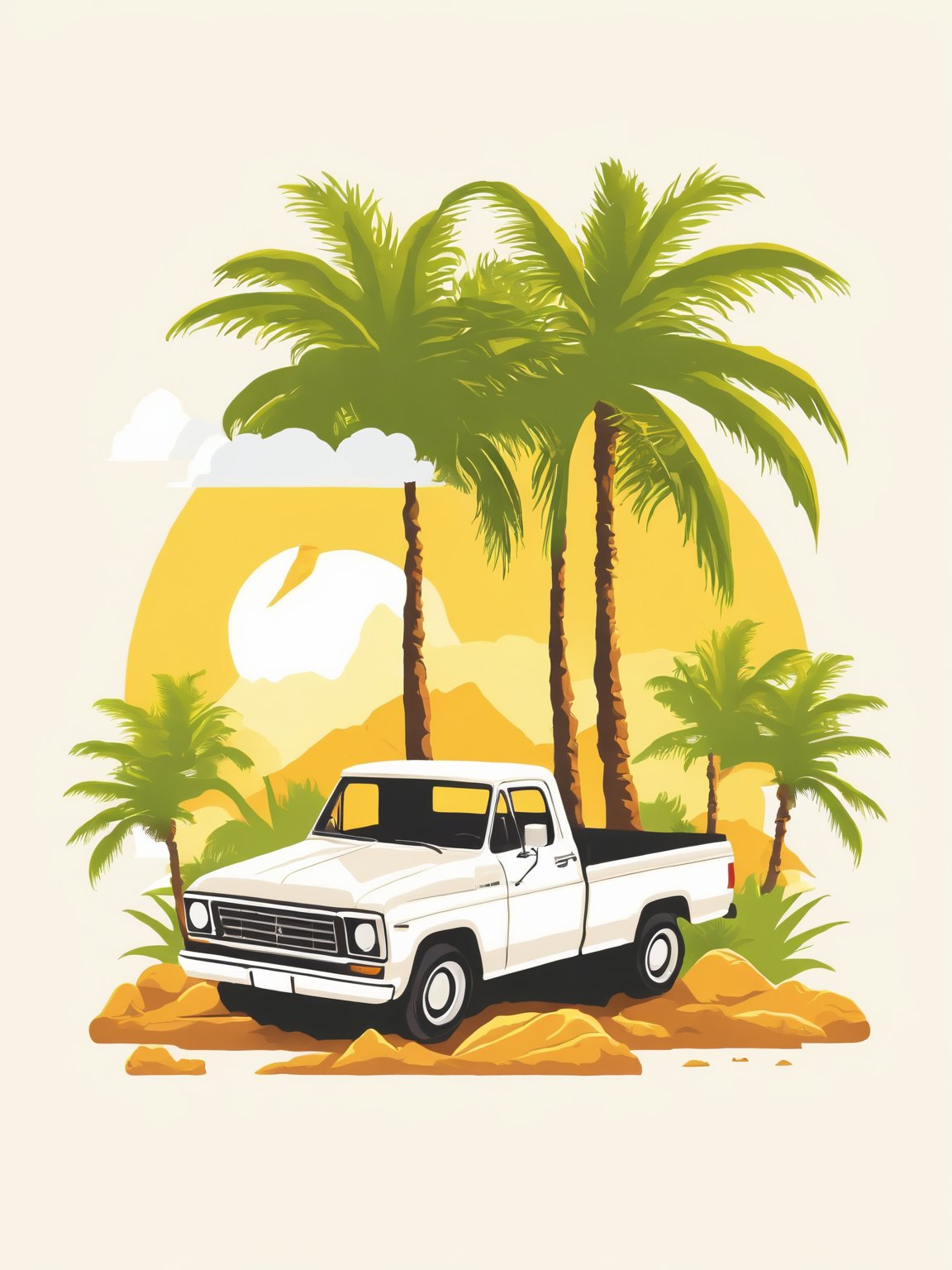 AiArtV,t-shirt design, outdoors,tree,ground vehicle,motor vehicle,palm tree,car,vehicle focus,truck,white background,vector illustration