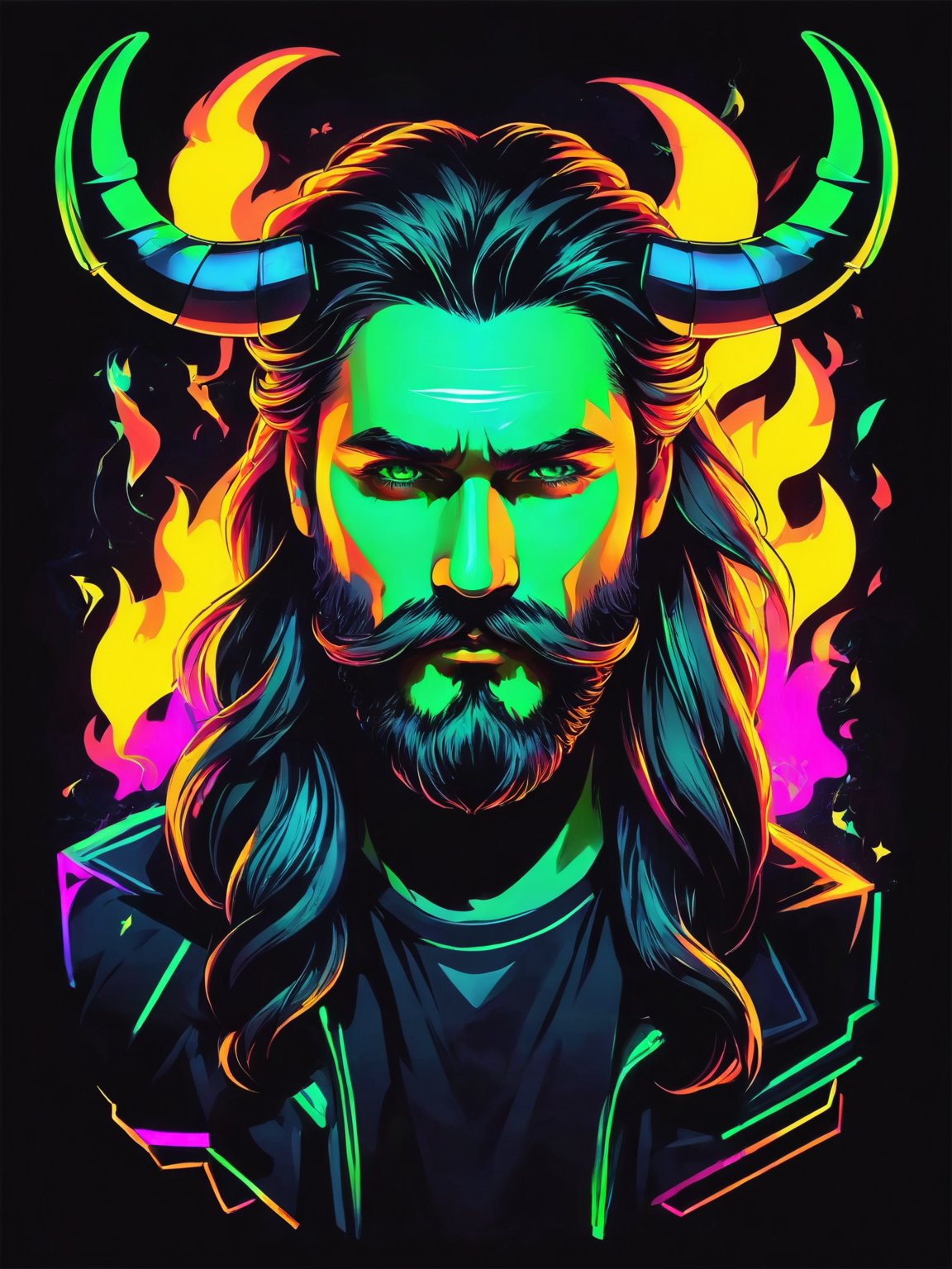 AiArtV,t-shirt design, long hair,looking at viewer,1boy,closed mouth,green eyes,male focus,horns,facial hair,neon fire,neon glow, neon lighting,black background,portrait,beard,mustache,fake horns,black background,vector illustration