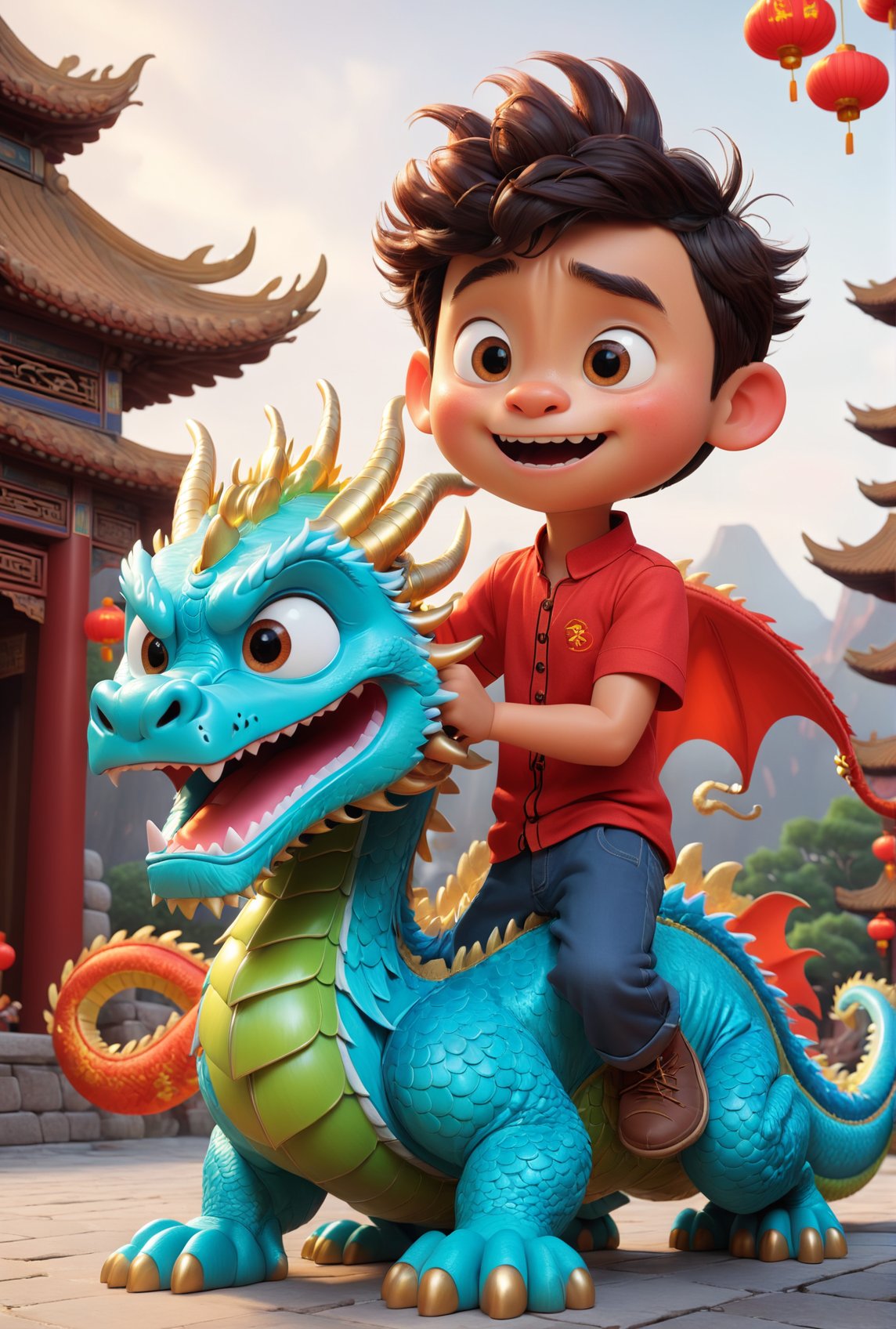 a boy playing with a funny and cute Chinese dragon.  Pixar style