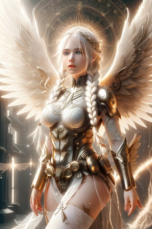 1 girl,  (mastery),  fully armed Valkyrie,  albino angel girl,  sleepy smoky eyes,  long flowing transparent white hair,  (white braid),  narrow pupils,  very good figure,  white tights,  ( Long and complex wings: 1.2),  divine light descends,  The best quality,  the highest quality,  extremely detailed CG unified 8k wallpaper,  detailed and complex,  ,  steampunk style,  glass elements,<lora:EMS-277885-EMS:0.900000>