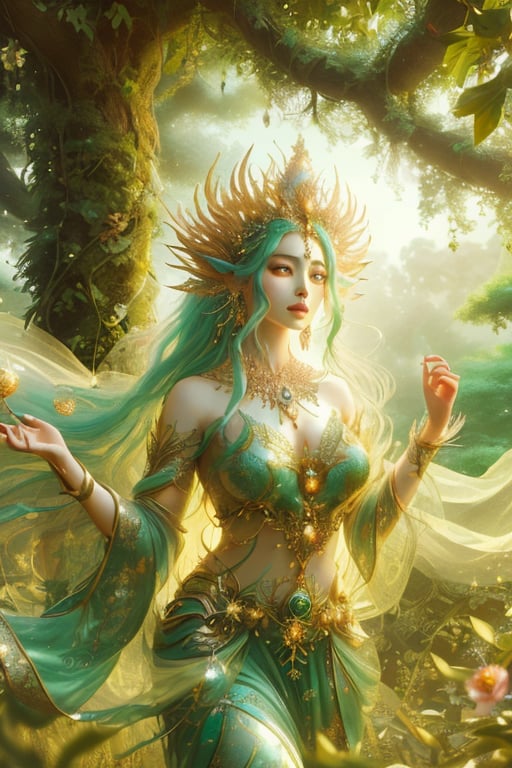 (best quality,  8K,  highres,  masterpiece:1.2),  ultra-detailed,  (fantasy creature,  mythical being,  otherworldly:1.3),  nature goddess transformed into a fantastical creature with a body made of vibrant,  swirling leaves and petals. This enchanting portrait captures her amidst a lush greenery filled with wildflowers of every color. Her eyes are a breathtaking kaleidoscope,  and she wears a serene expression that radiates ethereal beauty. In a graceful and dynamic pose,  she moves with the wind,  her luminous skin glowing in the soft,  natural light filtering through the canopy above. Her flowing hair and an elegant crown of leaves enhance her mythical essence. The vibrant colors of her being create a surreal atmosphere,  and a dreamlike aura surrounds her,  signifying her harmonious connection with the mystical,  enchanted forest.,<lora:EMS-277885-EMS:0.900000>