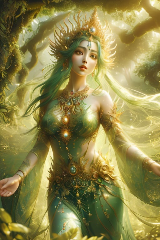 (best quality,  8K,  highres,  masterpiece:1.2),  ultra-detailed,  (fantasy creature,  mythical being,  otherworldly:1.3),  nature goddess transformed into a fantastical creature with a body made of vibrant,  swirling leaves and petals. This enchanting portrait captures her amidst a lush greenery filled with wildflowers of every color. Her eyes are a breathtaking kaleidoscope,  and she wears a serene expression that radiates ethereal beauty. In a graceful and dynamic pose,  she moves with the wind,  her luminous skin glowing in the soft,  natural light filtering through the canopy above. Her flowing hair and an elegant crown of leaves enhance her mythical essence. The vibrant colors of her being create a surreal atmosphere,  and a dreamlike aura surrounds her,  signifying her harmonious connection with the mystical,  enchanted forest.,<lora:EMS-277885-EMS:0.900000>