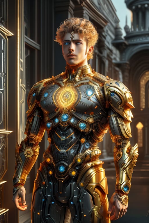 Sci-Fi. Lorgar Aurelian is a human being,  a man of 28,  short curly blonde hair,  amber eyes. muscular build. He wears futuristic and highly cybernetic armor. Color Slate_Gray,  gold ornaments. In the background,  architecture with religious elements.,<lora:EMS-277885-EMS:0.900000>