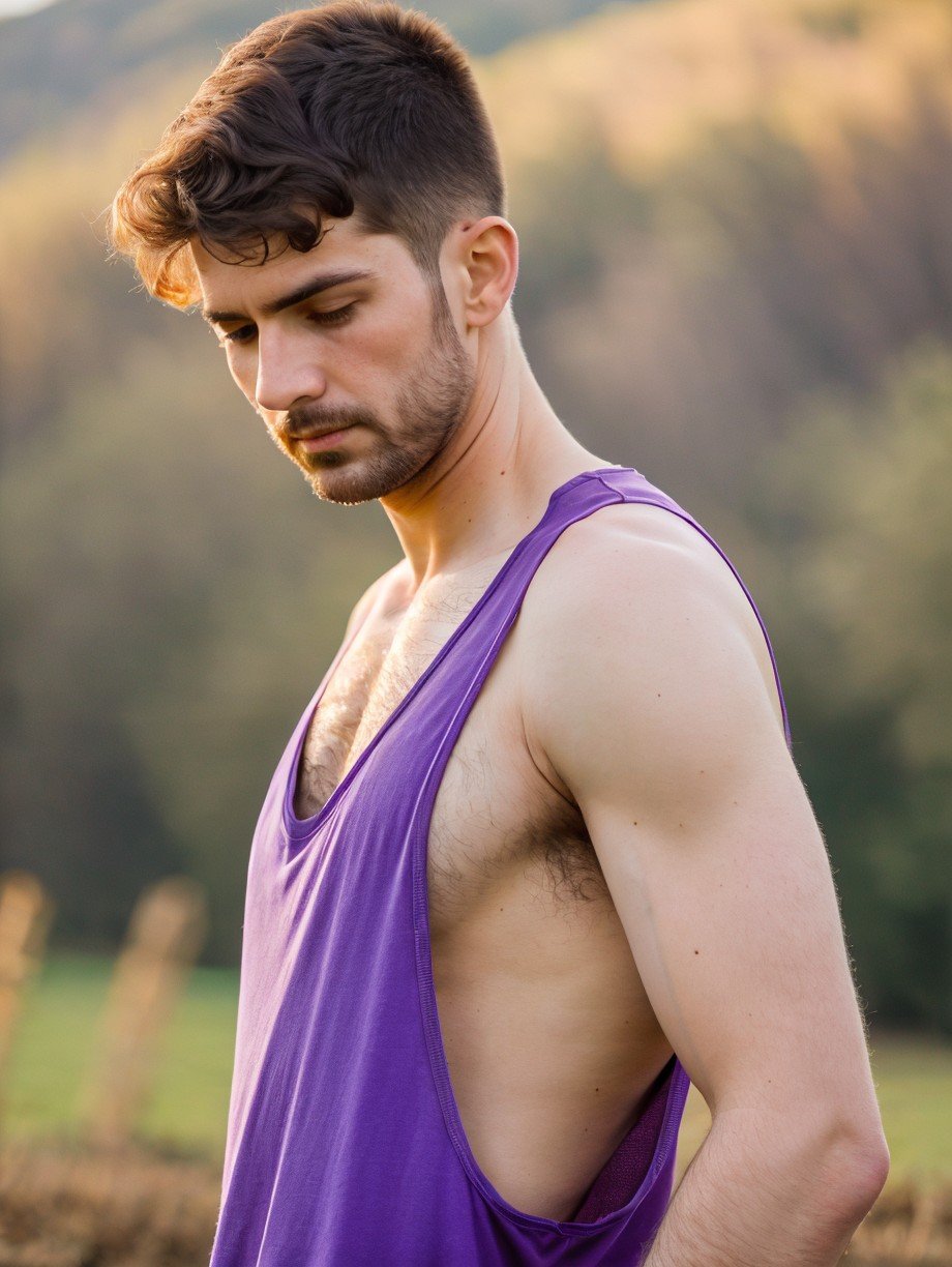 <lora:Stringer_v5-000029:0.85>, side view (medium shot:1.1) of a man 28 years old on a farm, wearing a  (purple:1.1) (tank:1.1) (extreme low-cut neckline:1.2), , stringer (shirt:1.2), (nipple slip:1.1), natural lighting, 4k uhd, dslr, soft lighting, high quality, Fujifilm XT3