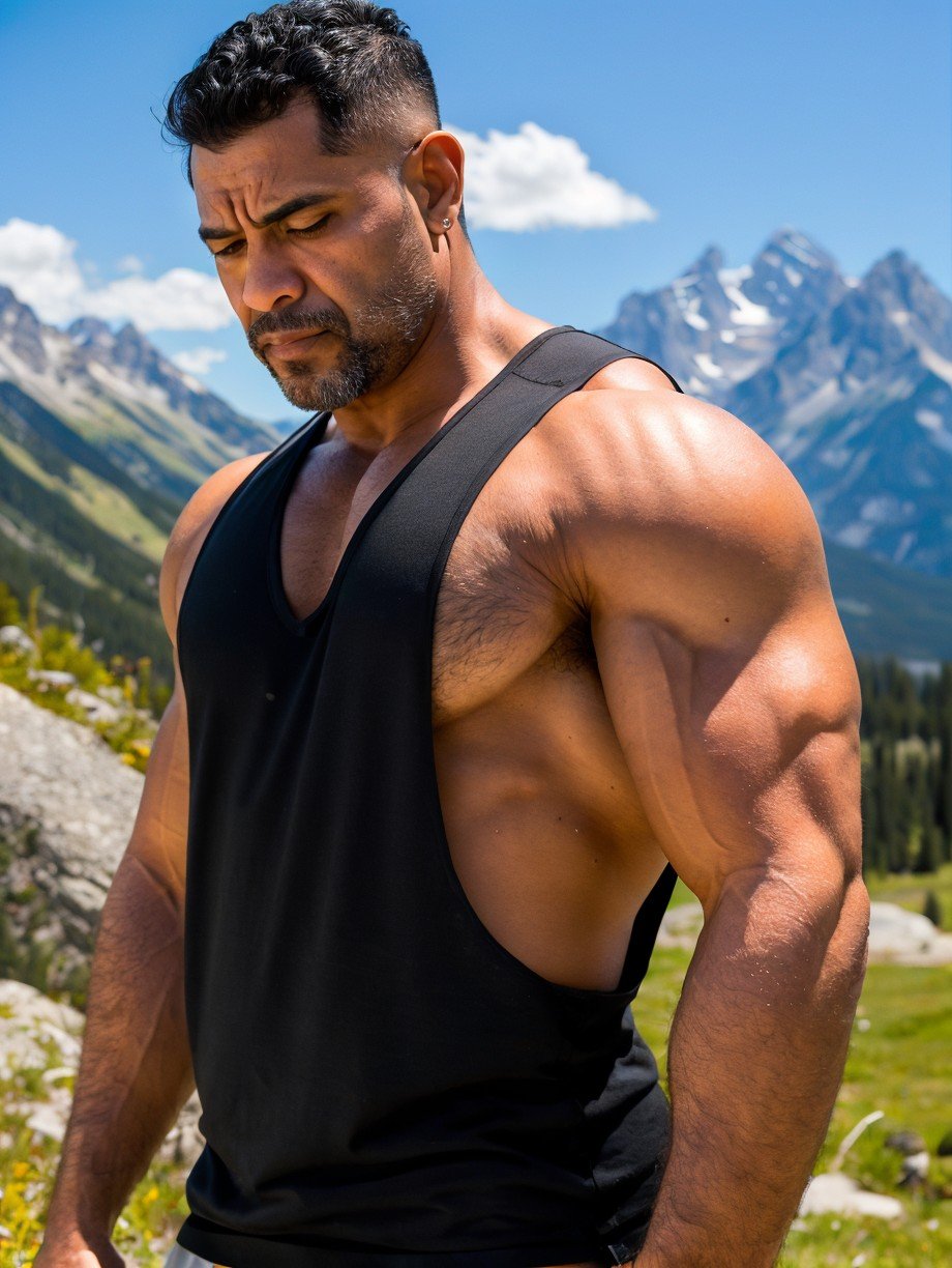 <lora:Stringer_v5:0.85> , dynamic pose <lora:zoom_slider_v1:-1.5>, from below (medium shot:1.1) of a of a a very (muscular:1.1) bodybuilder Nicaraguan man 45 years old on a grand teton national park, wearing a  (black:1.1) (tank:1.1) (extreme low-cut neckline:1.3), (extreme low-cut dropped side holes:1.3), stringer (shirt:1.2), (nipple slip:1.1), (uncovered side:1.4), natural lighting, 4k uhd, dslr, soft lighting, high quality, Fujifilm XT3