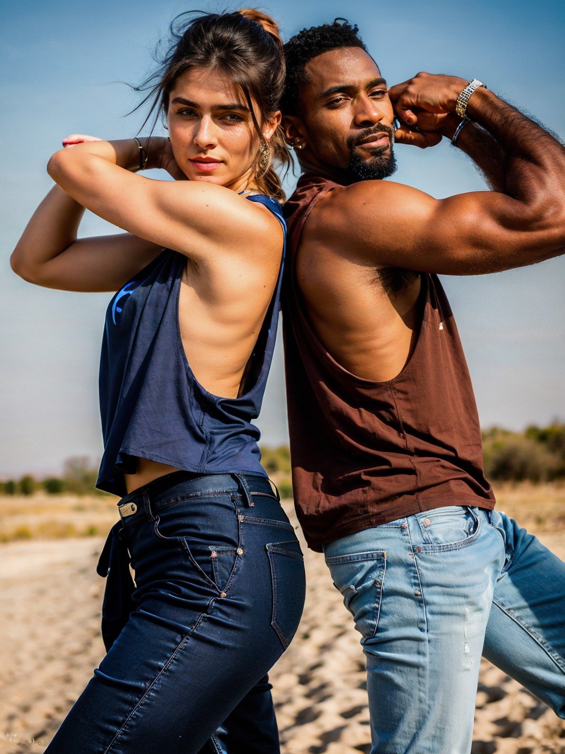 <lora:Stringer_v5-000029:0.75>(medium body shot:1.2) side view of two people (back to back:1.2) flexing on a white plain (simple background:1.2), natural lighting, 4k uhd, dslr, soft lighting, high quality, Fujifilm XT3, BREAKa pretty 22 years old Slovak woman wearing a (indigo:1.1) (tank:1.1) stringer (shirt:1.3) with (extreme low-cut dropped side holes:1.2), low-cut cleavage, side boob, big boobs,( pants:1.2), flexing, natural lighting, 4k uhd, dslr, soft lighting, high quality, Fujifilm XT3, (simple background:1.2), BREAKa tough masculine handsome happy hairy 35 years old Ugandan man wearing a (brown:1.1) (tank top:1.2) (stringer:1.1) (shirt:1.2) with (extreme low-cut dropped side hole:1.4), bushy armpit hair, beard, side pecs, (jeans:1.1), flexing, perfect teeth, perfect eyes, pupils, natural lighting, 4k uhd, dslr, soft lighting, high quality, Fujifilm XT3, (simple plain light background:1.2)