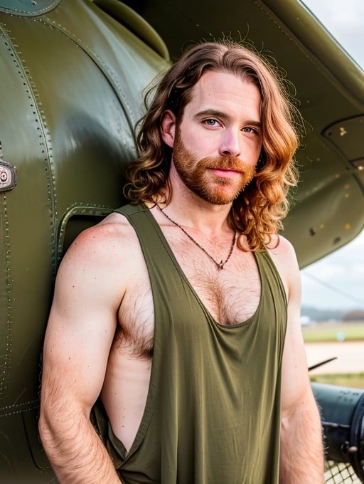 upper body of Patrick Lewis a hairy Irish dark ginger 35 y.o in front of a old plane wearing a (olive green:1.1) (tank top:1.1) (stringer:1.1) shirt with a (low-cut chest:1.1) (extreme low-cut dropped side holes:1.1), windy medium-length hair<lora:Stringer_v5-000029:0.9>, natural lighting, 4k uhd, dslr, soft lighting, high quality, Fujifilm XT3