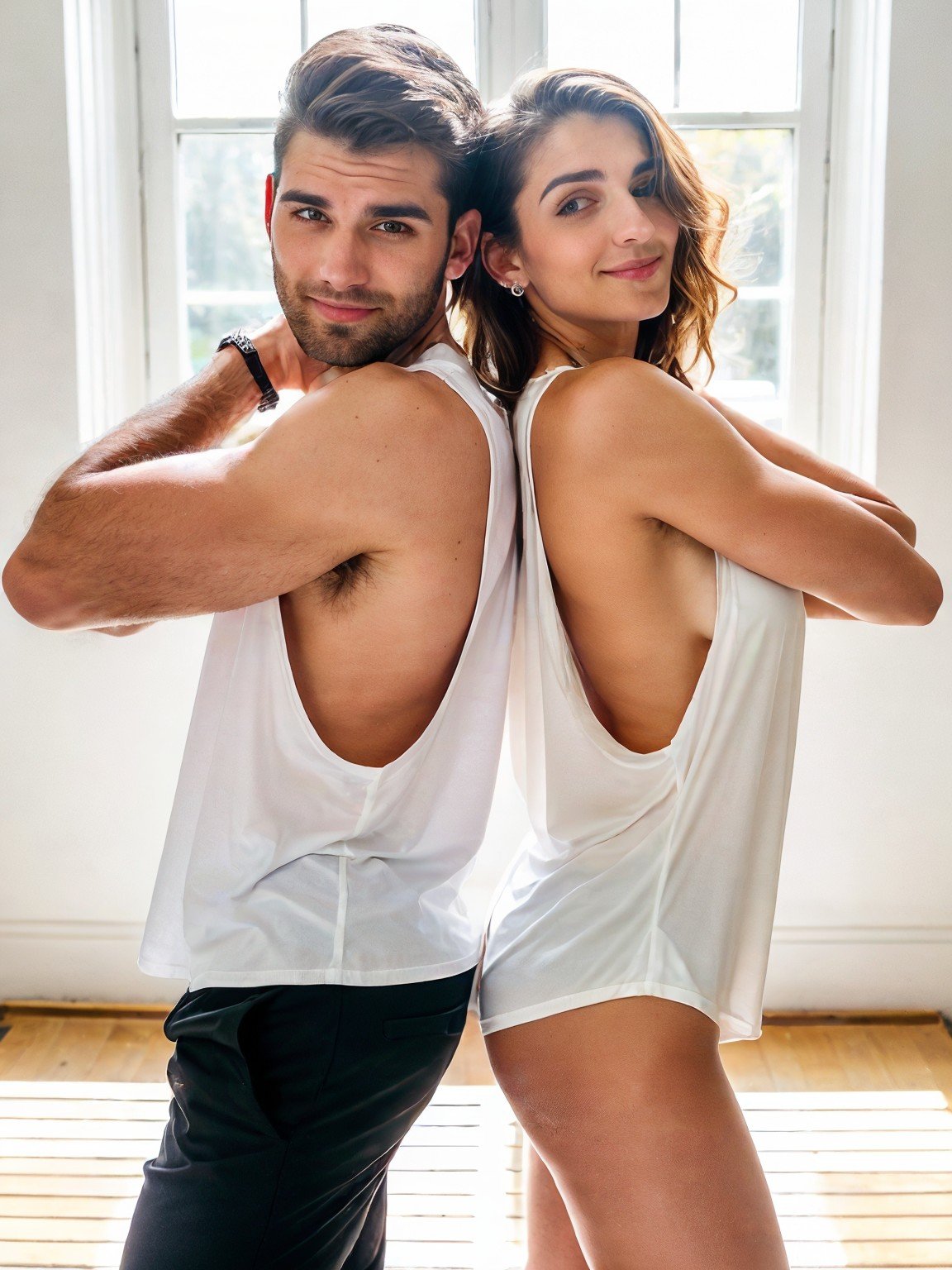 two person (back to back:1.2), arms crossed, one [handsome happy hairy:0.2] man and a woman (medium body shot:1.2) of 28 years old Irish on a white background wearing colorful (tank top:1.1) stringer (shirt:1.15) with (extreme low-cut dropped side holes:1.4), face, head, hands down, woman side boobs, man side pecs, shorts, pants<lora:Stringer_v5-000029:0.8@0,0.8@0.35,0.2@0.35>,  natural lighting, 4k uhd, dslr, soft lighting, high quality, Fujifilm XT3