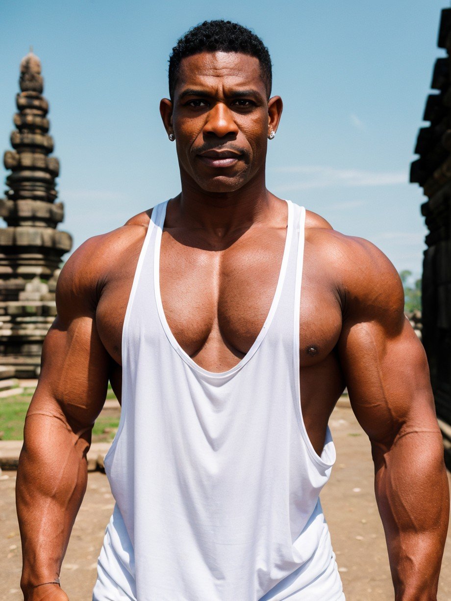 <lora:Stringer_v5:0.85> , dynamic pose <lora:zoom_slider_v1:-1.5>, [0.2::(front:0.6)] (medium shot:1.1) of a of a a very (muscular:1.1) bodybuilder Haitian man 45 years old on a prambanan temple compounds, wearing a dark (white:1.1) (tank:1.1) (extreme low-cut neckline:1.3), (extreme low-cut dropped side holes:1.3), stringer (shirt:1.2), , (uncovered side:1.4), natural lighting, 4k uhd, dslr, soft lighting, high quality, Fujifilm XT3