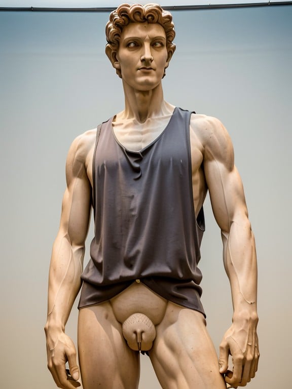 David of Michelangelo, upper body (statue:1.2) of d5v1d (wearing:1.3) a (tank top:1.1) stringer (shirt:1.3) with (extreme low-cut dropped side:1.4) (holes:1.2), (low-cut chest:1.3), <lora:Stringer_v5-000029:0.8> <lora:David:0.6>, natural lighting, 4k uhd, dslr, soft lighting, high quality, Fujifilm XT3