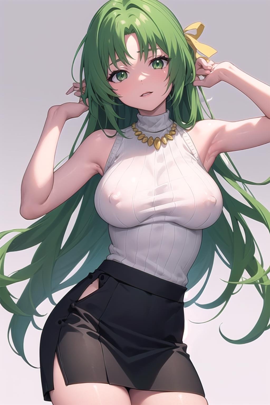 best quality, masterpiece, covered erect nipples,  1girl,  Sonozaki Shion, green hair, green eyes, long hair, yellow ribbon, yellow necklace, turtleneck sweater, black skirt,