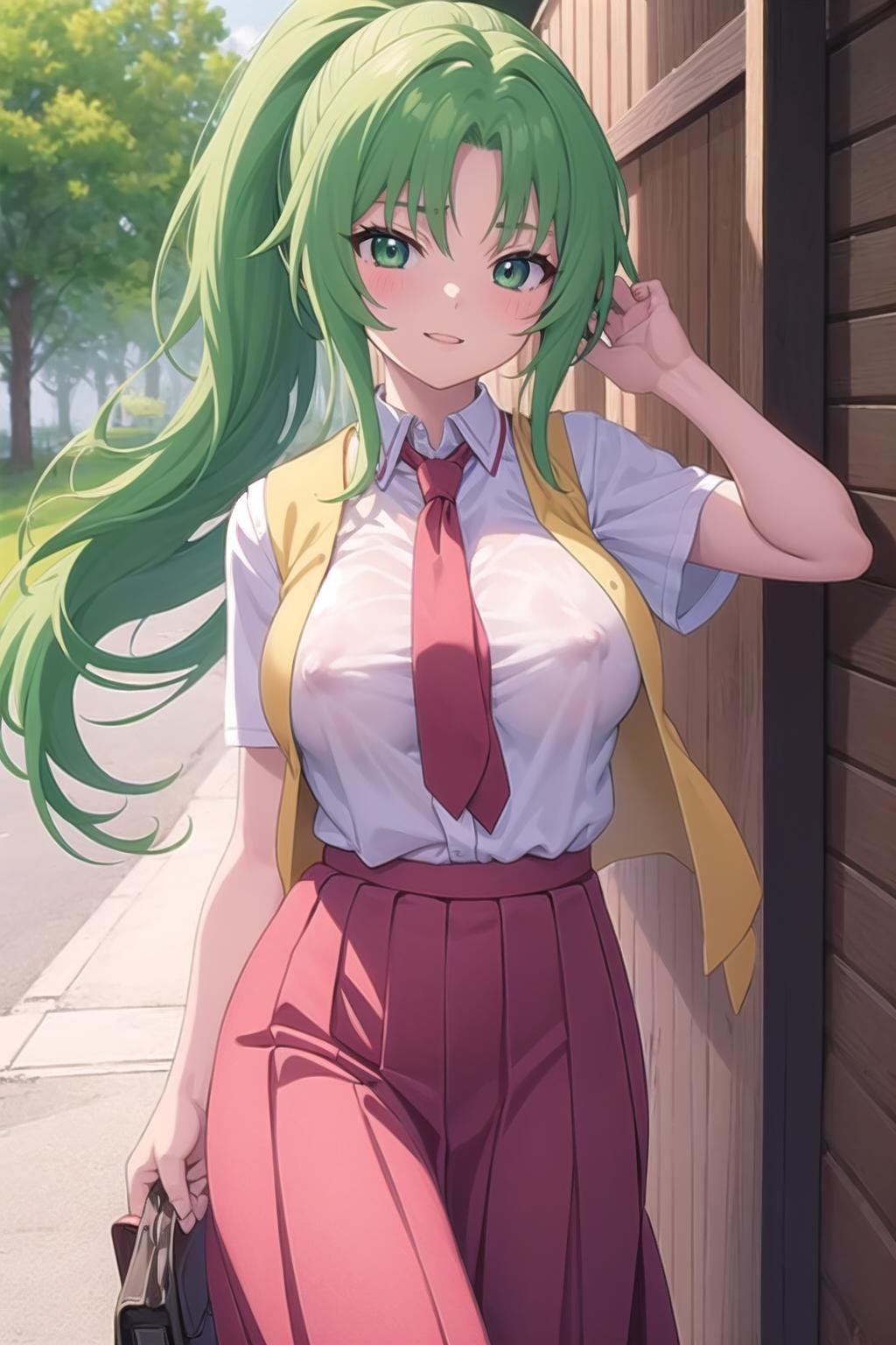 best quality, masterpiece, covered erect nipples, 1girl,  Mion Sonozaki, green hair, green eyes, ponytail, white shirt, red necktie, yellow vest, red skirt,