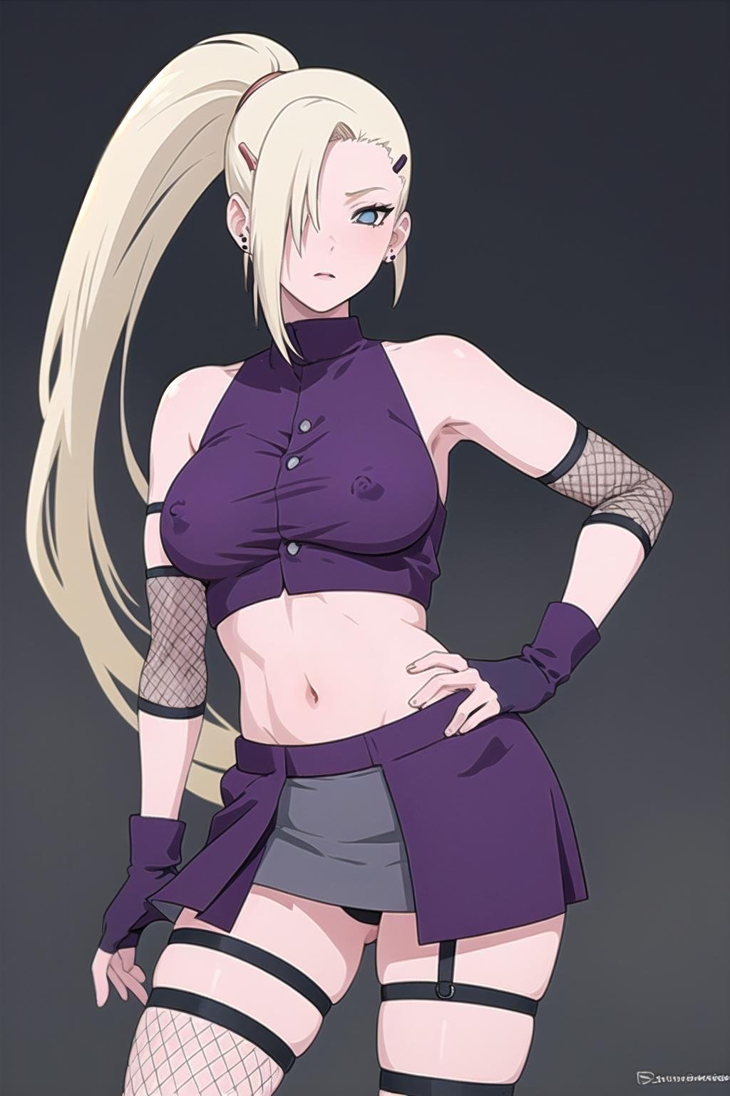 best quality, masterpiece, covered erect nipples,  1girl,  yamanaka ino, hair over one eye, ponytail, hairclip, crop top, sleeveless, skirt, fishnets, earrings, midriff