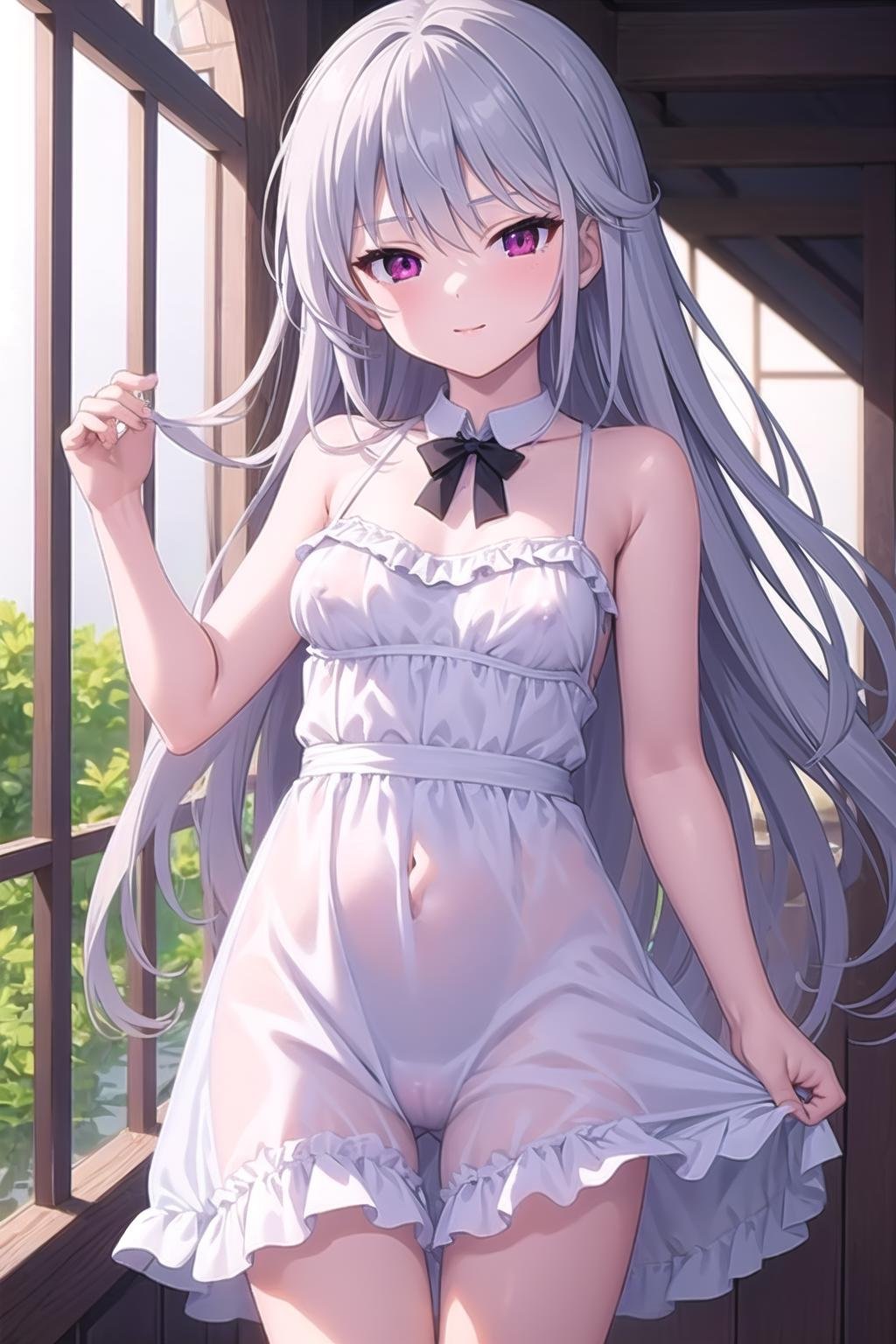 best quality, masterpiece, covered erect nipples,  1girl,  kazami kazuki, silver hair, long hair, purple eyes, sundress