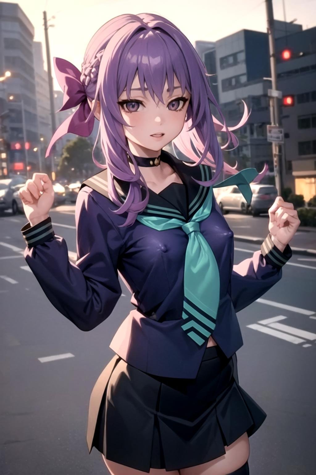 best quality, masterpiece, covered erect nipples,  1girl,  Shinoa Hiiragi, purple hair, braided hair, purple ribbon, grey serafuku, green necktie, black skirt,