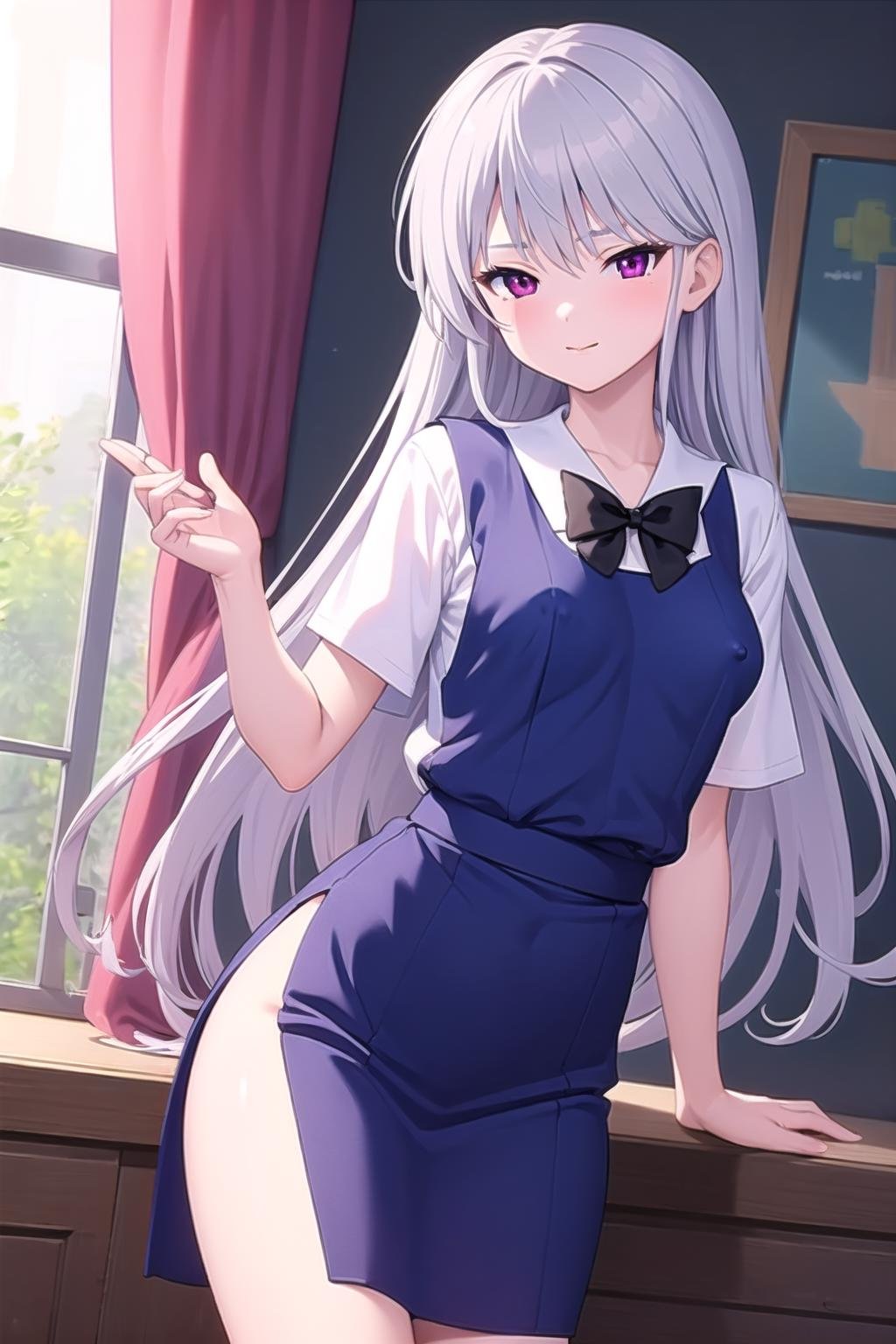 best quality, masterpiece, covered erect nipples,  1girl,  kazami kazuki, silver hair, long hair, purple eyes, school uniform, black bow, 