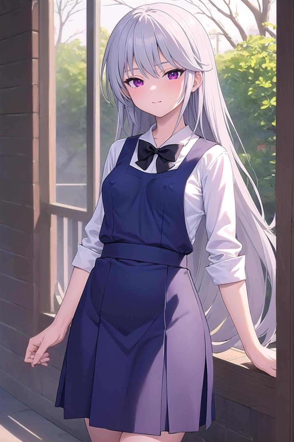 best quality, masterpiece, covered erect nipples,  1girl,  kazami kazuki, silver hair, long hair, purple eyes, school uniform, black bow 