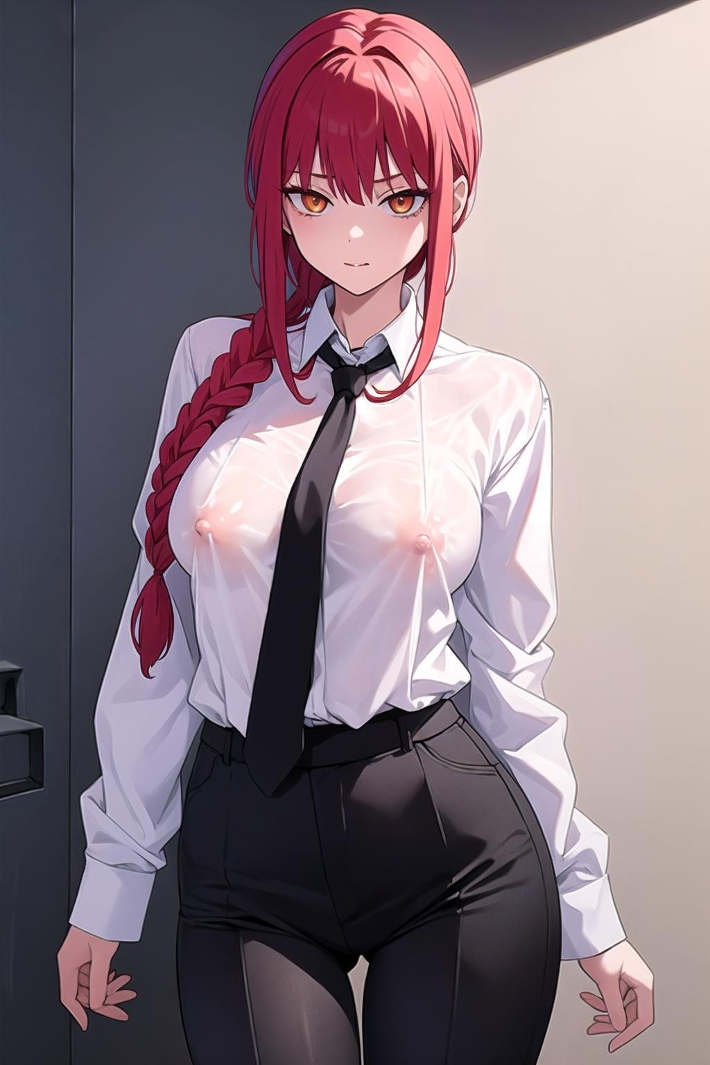 best quality, masterpiece, covered erect nipples,  1girl,  makima \(chainsaw man\), red hair, long braided hair, golden eyes, bangs, white shirt, necktie, black pants