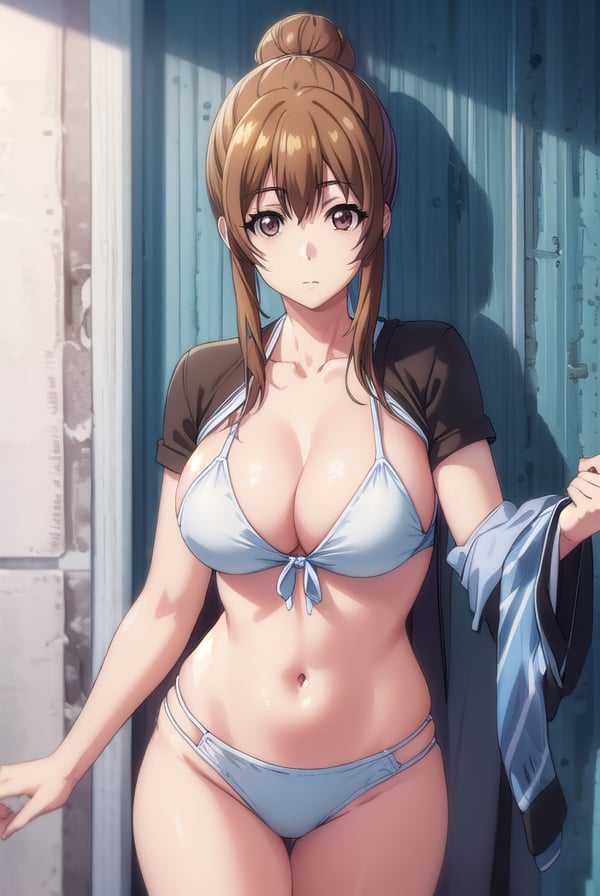 nanakakotegawa, <lora:nanaka kotegawa s1-lora-nochekaiser:1>,nanaka kotegawa, brown hair, (brown eyes:1.5), hair bun, single hair bun, sidelocks,BREAK navel, cleavage, swimsuit, bikini, bodysuit, white bikini, front-tie top, bikini top only, wetsuit,BREAK outdoors, beach,BREAK looking at viewer, (cowboy shot:1.5),BREAK <lyco:GoodHands-beta2:1>, (masterpiece:1.2), best quality, high resolution, unity 8k wallpaper, (illustration:0.8), (beautiful detailed eyes:1.6), extremely detailed face, perfect lighting, extremely detailed CG, (perfect hands, perfect anatomy),