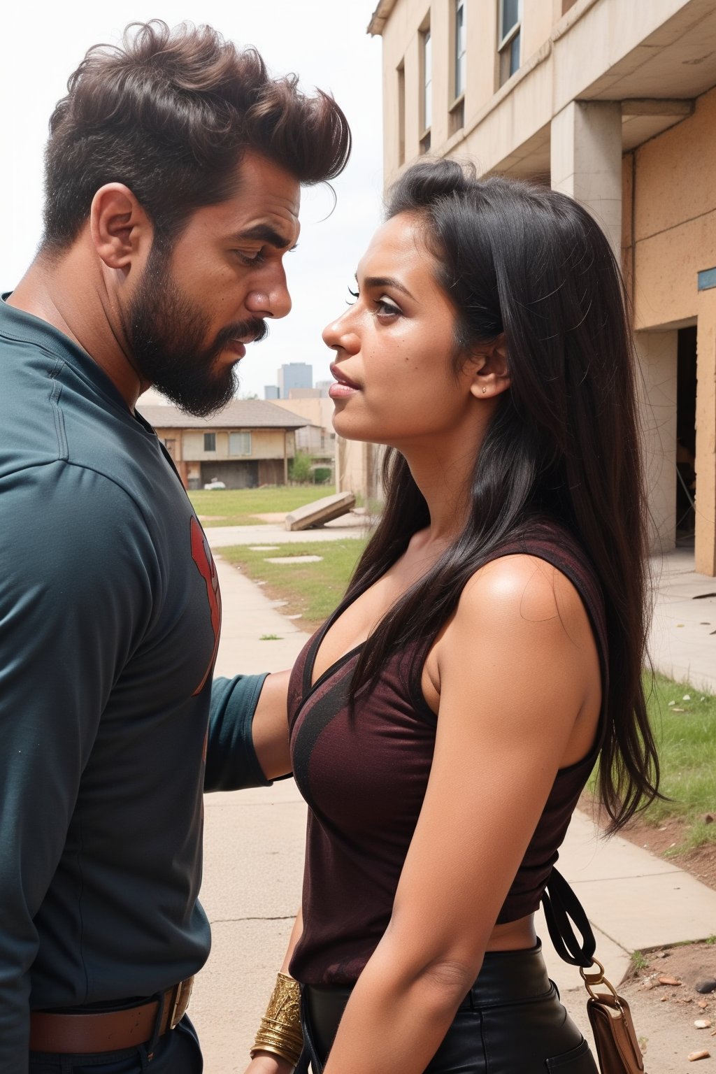 A couple of superhero bearded and woman looking each other in love between a battle scene, marvel like, standing at the ruined city, depth of field, cinematic