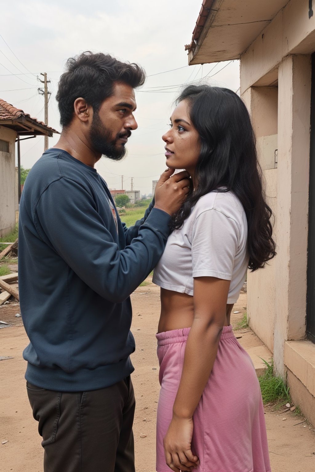 A couple of superhero bearded and woman looking each other in love between a battle scene, marvel like, standing at the ruined city, depth of field, cinematic,Mallugirl