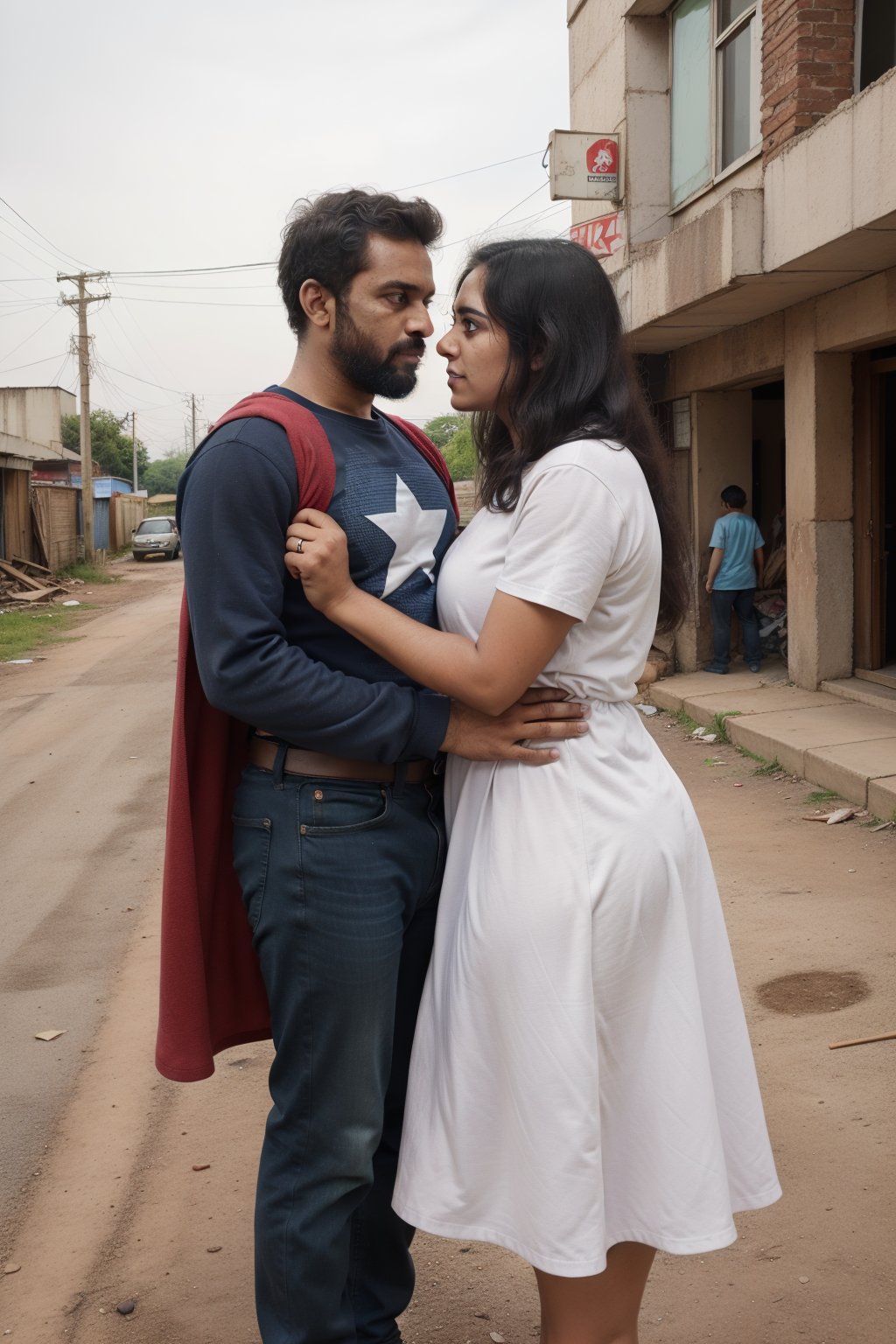 A couple of superhero bearded and woman looking each other in love between a battle scene, marvel like, standing at the ruined city, depth of field, cinematic,1mallugirl