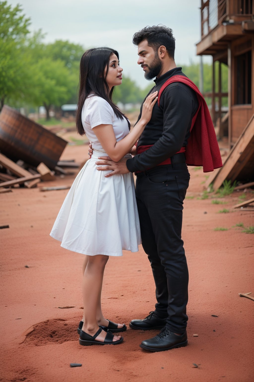 A couple of superhero bearded and woman looking each other in love between a battle scene, marvel like, standing at the ruined city, depth of field, cinematic