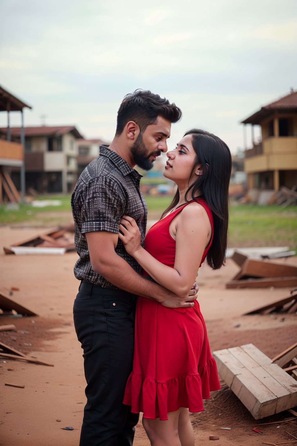 A couple of superhero bearded and woman looking each other in love between a battle scene, marvel like, standing at the ruined city, depth of field, cinematic