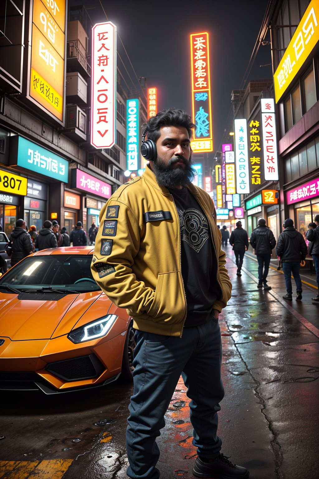 30 years old man , cyberpunk, neon, black hair, 1man Long beard, chubby Muscular Hung, jacket, male focus, outdoors, day, pants, orange  facial hair, headphones, Lamborghini,  ground vehicle, building, motor vehicle, beard, realistic, hands in pockets, car, road, street,yellow eyes,30 yo man ,Guldestan