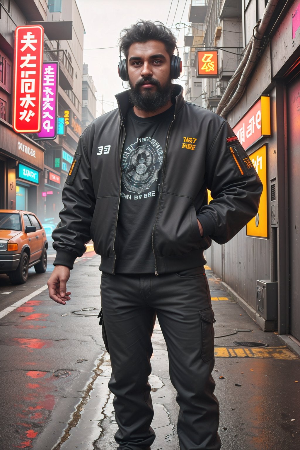 30 years old man , cyberpunk, neon, black hair, 1man Long beard long hair, chubby Muscular Hung, jacket, male focus, outdoors, day, pants, orange  facial hair, headphones, ground vehicle, building, motor vehicle, beard, realistic, hands in pockets, car, road, street,yellow eyes,30 yo man 