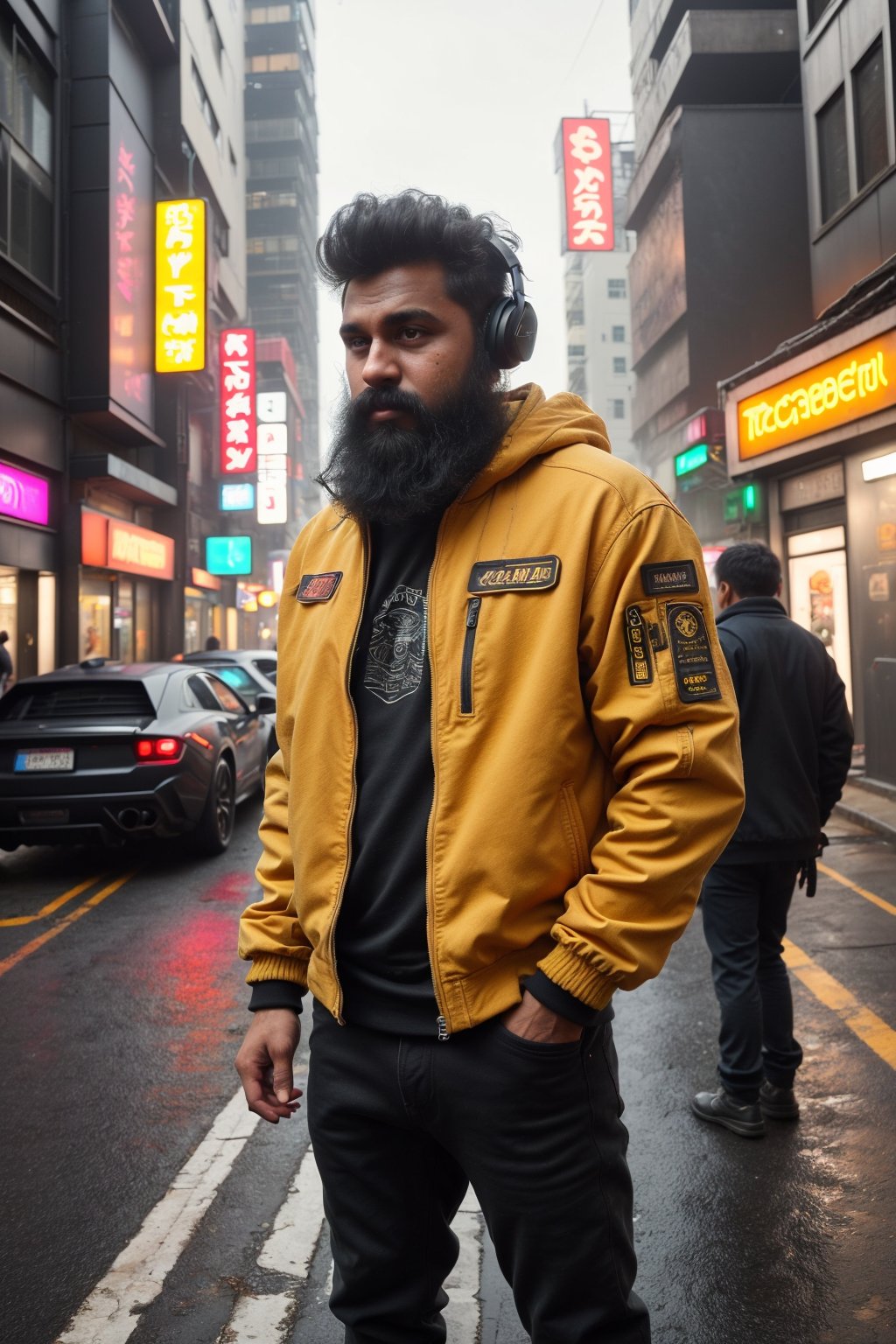 30 years old man , cyberpunk, neon, black hair, 1man Long beard, chubby Muscular Hung, jacket, male focus, outdoors, day, pants, orange  facial hair, headphones, Lamborghini,  ground vehicle, building, motor vehicle, beard, realistic, hands in pockets, car, road, street,yellow eyes,30 yo man ,Guldestan