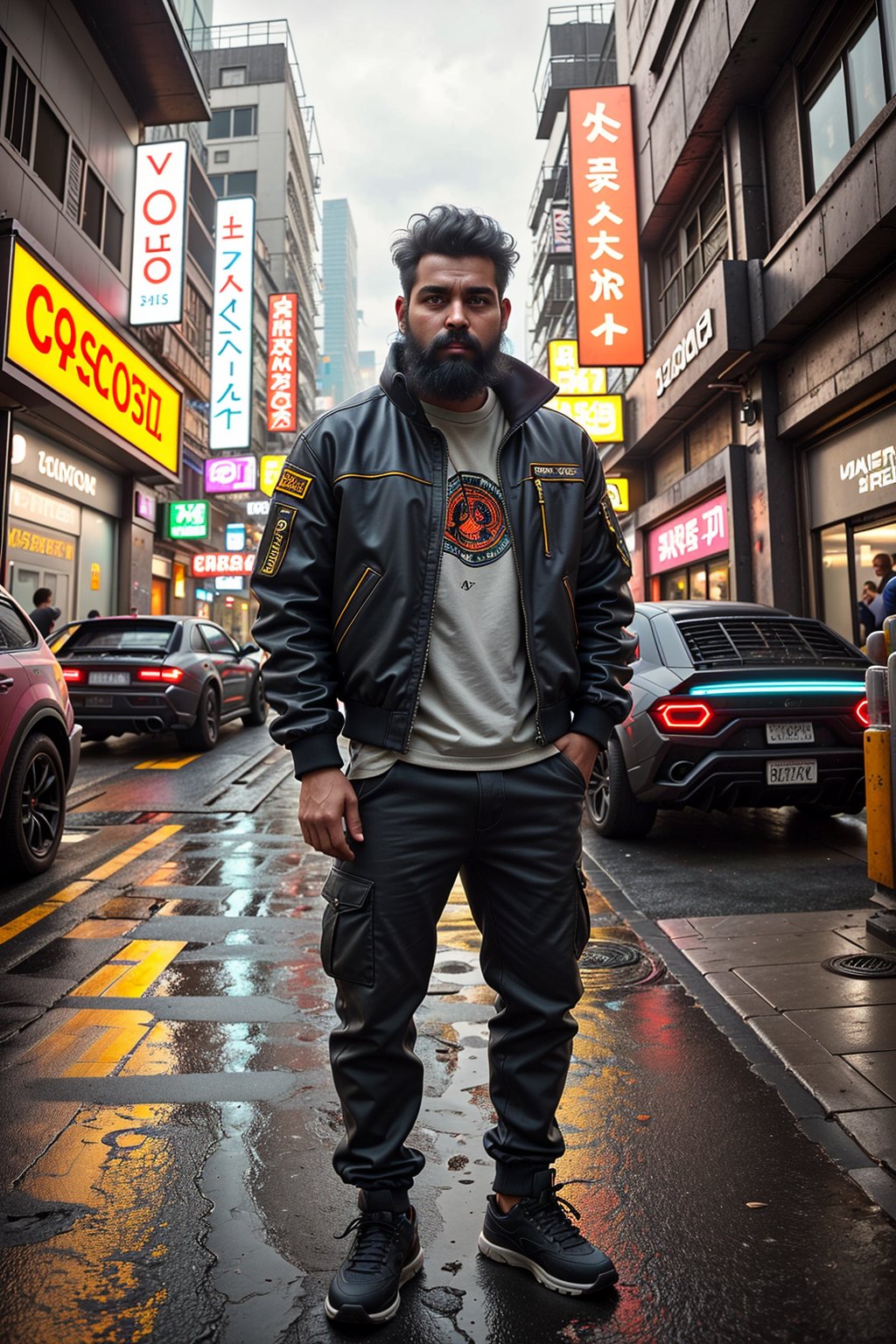 30 years old man , cyberpunk, neon, black hair, 1man Long beard, chubby Muscular Hung, jacket, male focus, outdoors, day, pants, orange  facial hair, headphones, Lamborghini,  ground vehicle, building, motor vehicle, beard, realistic, hands in pockets, car, road, street,yellow eyes,30 yo man ,Guldestan