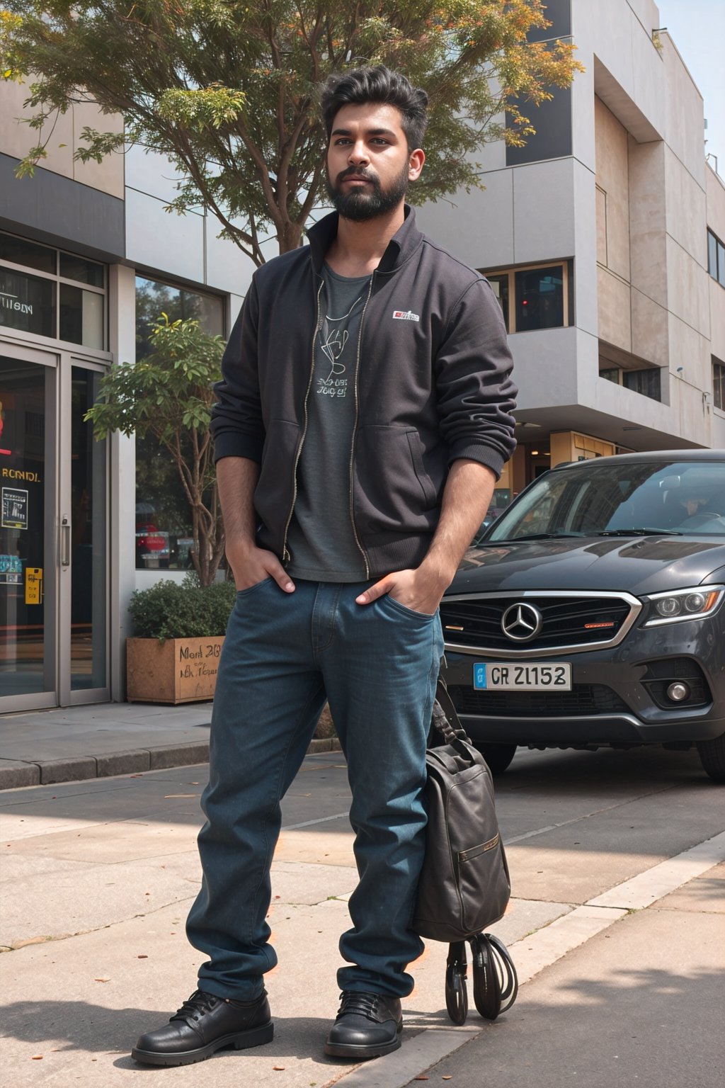 solo, black hair, 1boy, jacket, male focus, outdoors, day, pants, bag, tree, facial hair, headphones, ground vehicle, building, motor vehicle, beard, realistic, hands in pockets, car, road, street,yellow eyes,30 yo man 